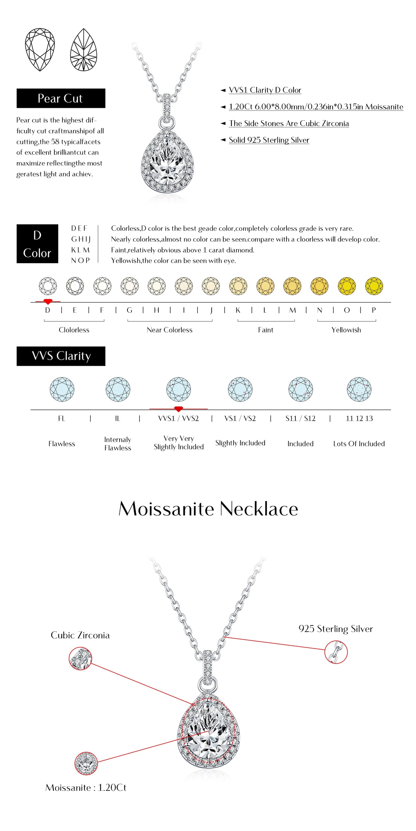 MODIAN 1.2CT Water Drop Moissanite Wedding Necklaces 925 Sterling Silver Exquisite Pendant Necklace For Women Statement Jewelry