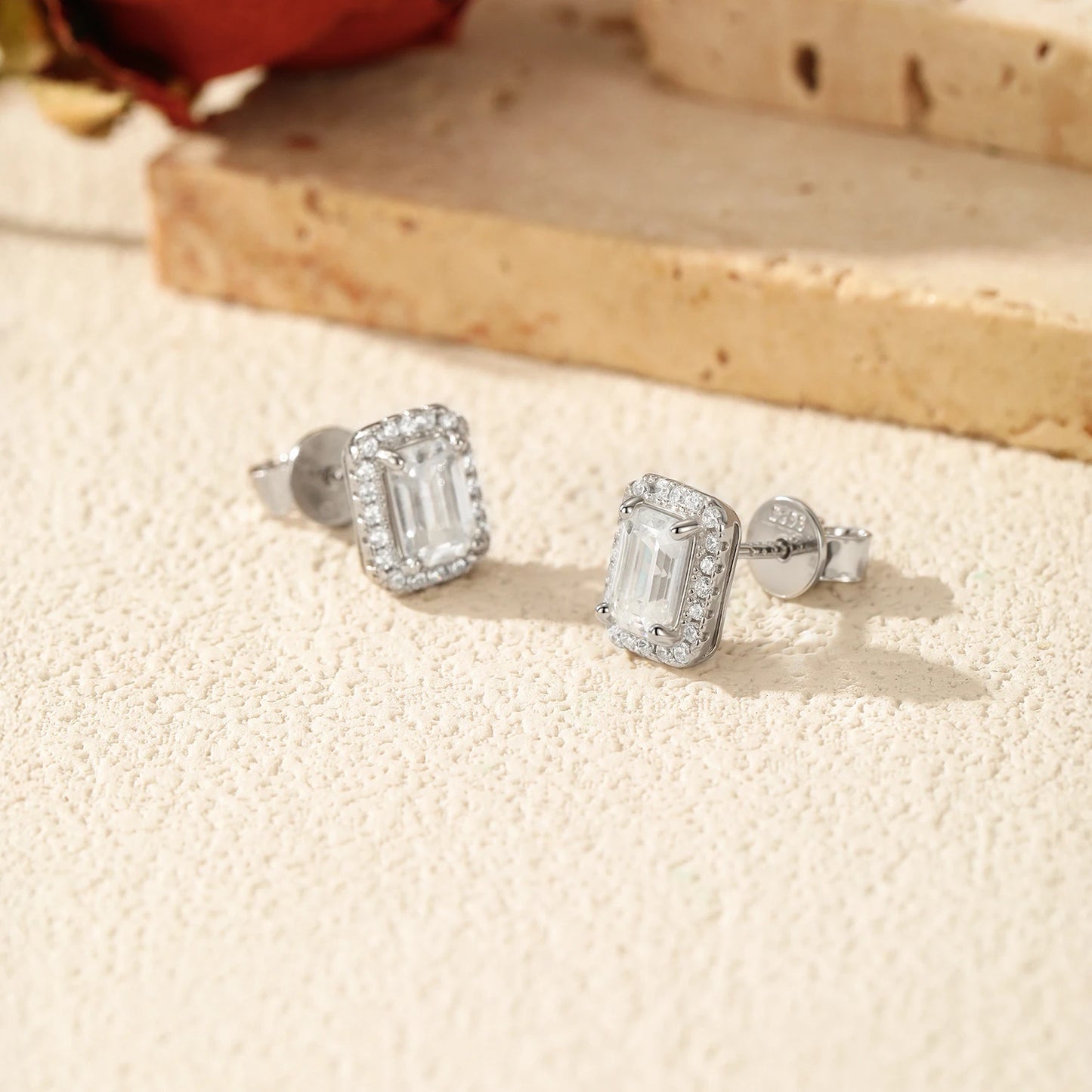 MODIAN Emerald Cut Moissanite Ear Studs 925 Sterling Silver Classic Luxury Halo Earrings For Women Wedding Fine Jewelry Gift