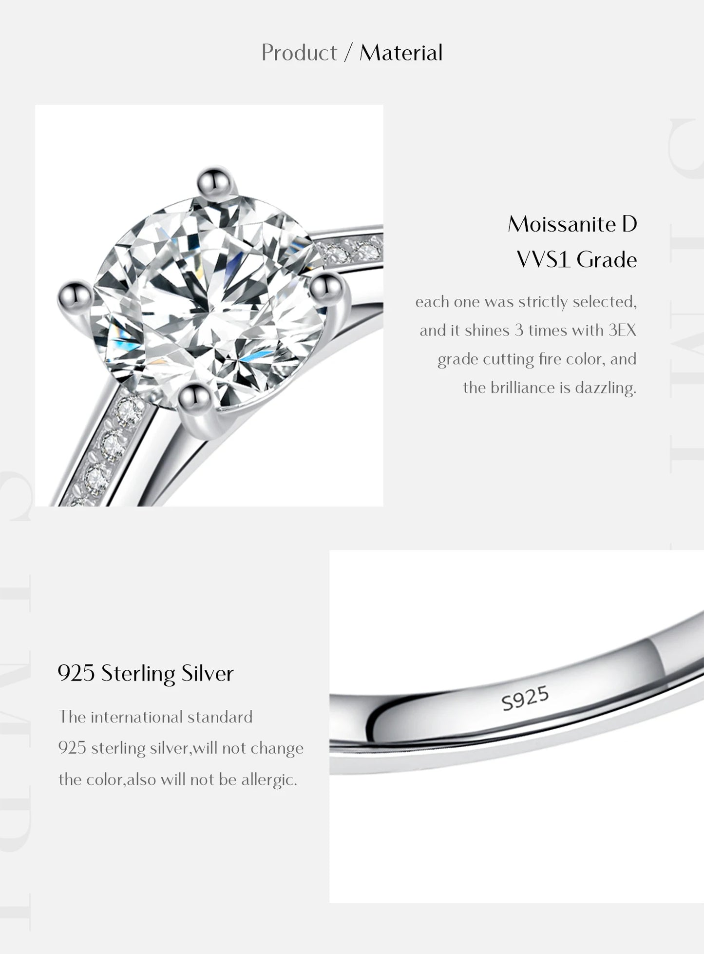 MODIAN D Color Lab Diamond 1CT Moissanite Ring For Women 925 Sterling Silver Classic Wedding Engagement Band Jewelry Gifts