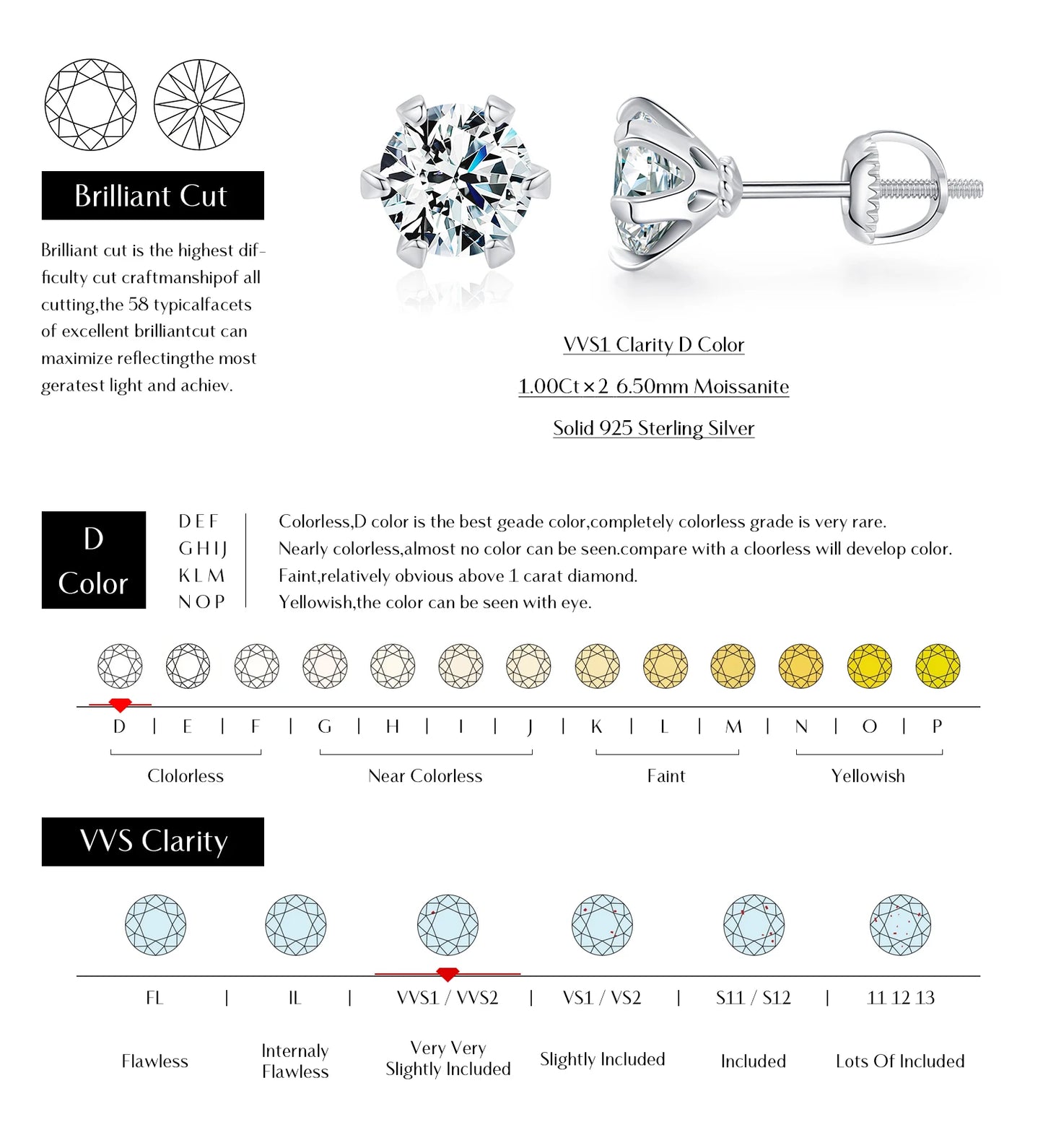 MODIAN 1 Carat D Color Moissanite Stud Earrings 925 Sterling Silver Sparkling Wedding Platinum Plated Fine Jewelry For Women