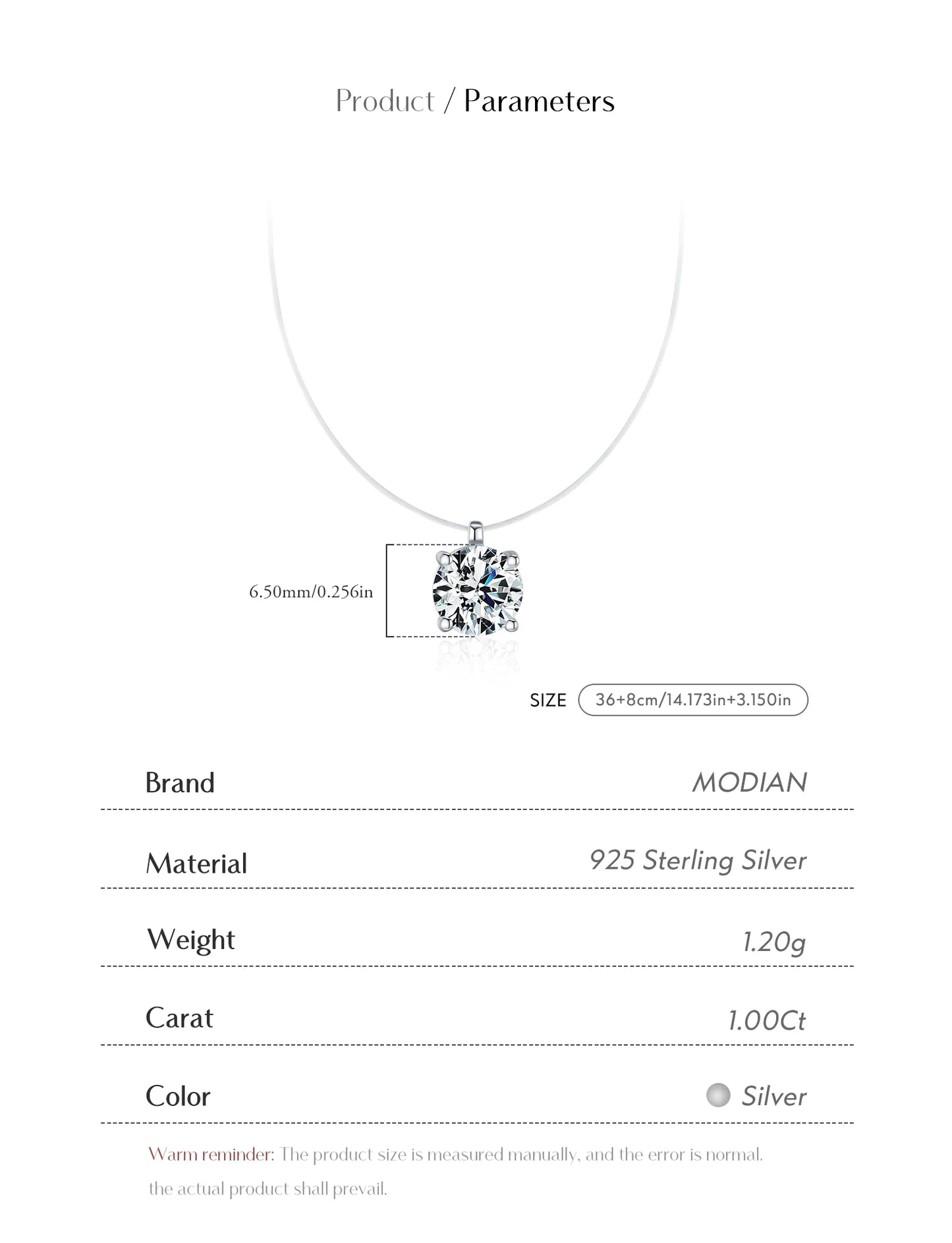 MODIAN 1CT Round Clarity Moissanite Necklace 925 Sterling Silver Transparent Line Choker Pendant Necklace For Women Fine Jewelry