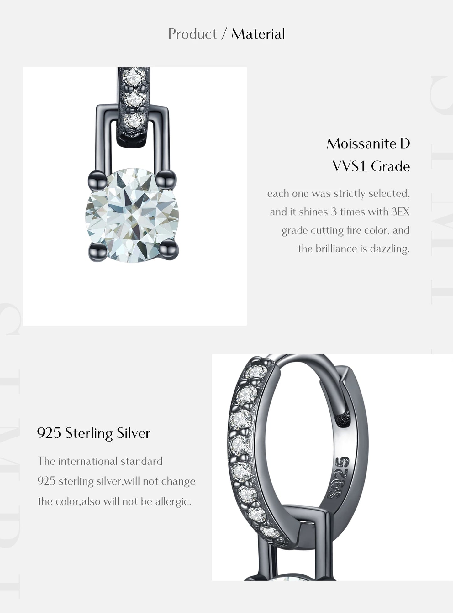 MODIAN 0.5Ct D Color Light Green Moissanite Swing Hoop Earrings 925 Sterling Silver Black Punk Ear Buckles for Women Jewelry