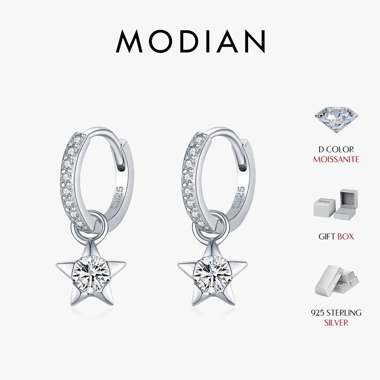 MODIAN D Color Round Moissanite Ear Buckles 925 Sterling Silver Fashion Stars Hoop Earrings For Women Wedding Jewelry Gifts