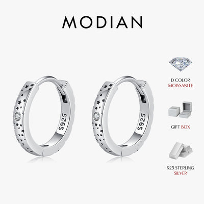 MODIAN D Color Moissanite Ear Buckles 925 Sterling Silver Sparkle Retro Hollow Stars Hoop Earrings For Women Fine Jewelry