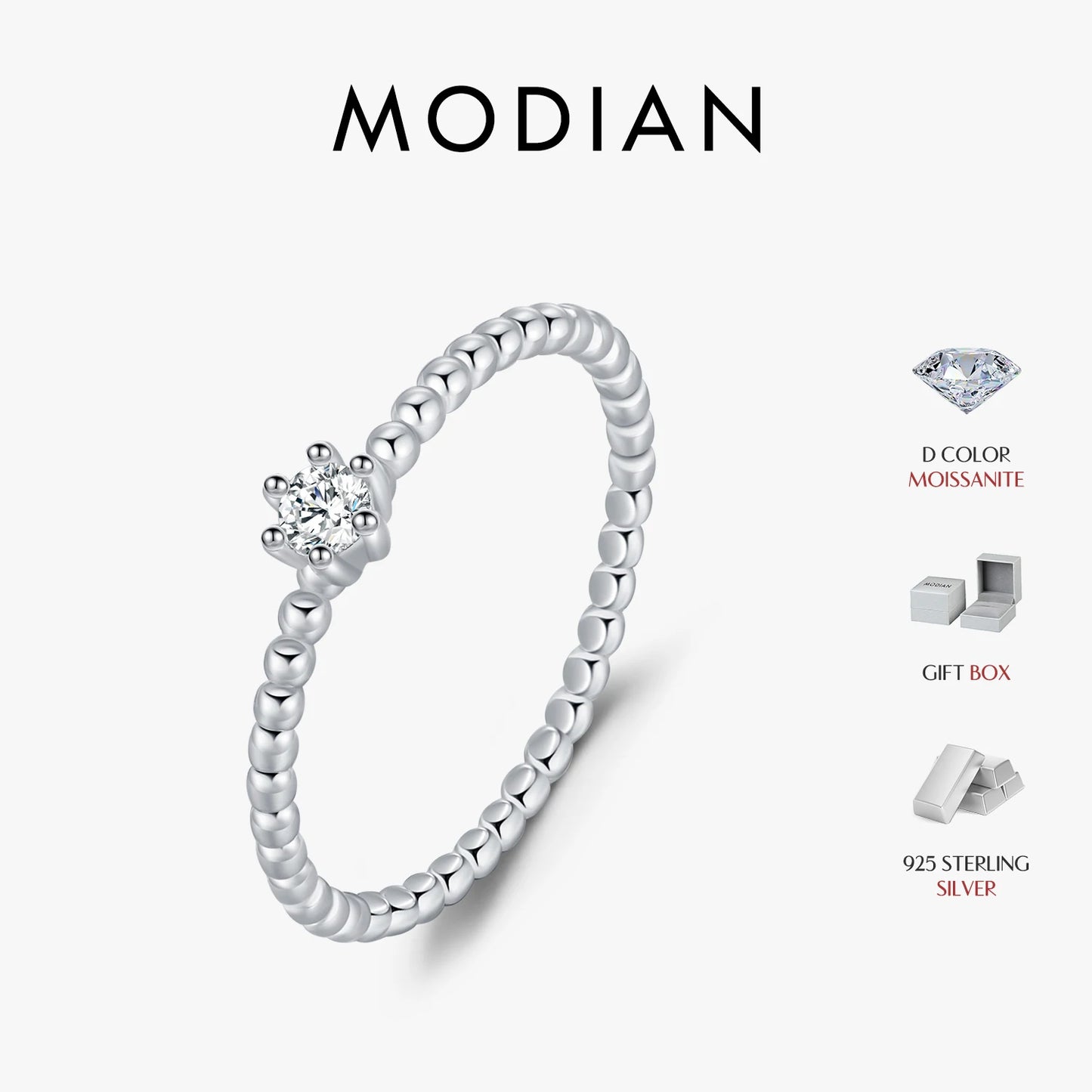 MODIAN D Color Round Moissanite Lab Diamond Rings 925 Sterling Silver Simple Classic Beads Stackable Ring For Women Jewelry