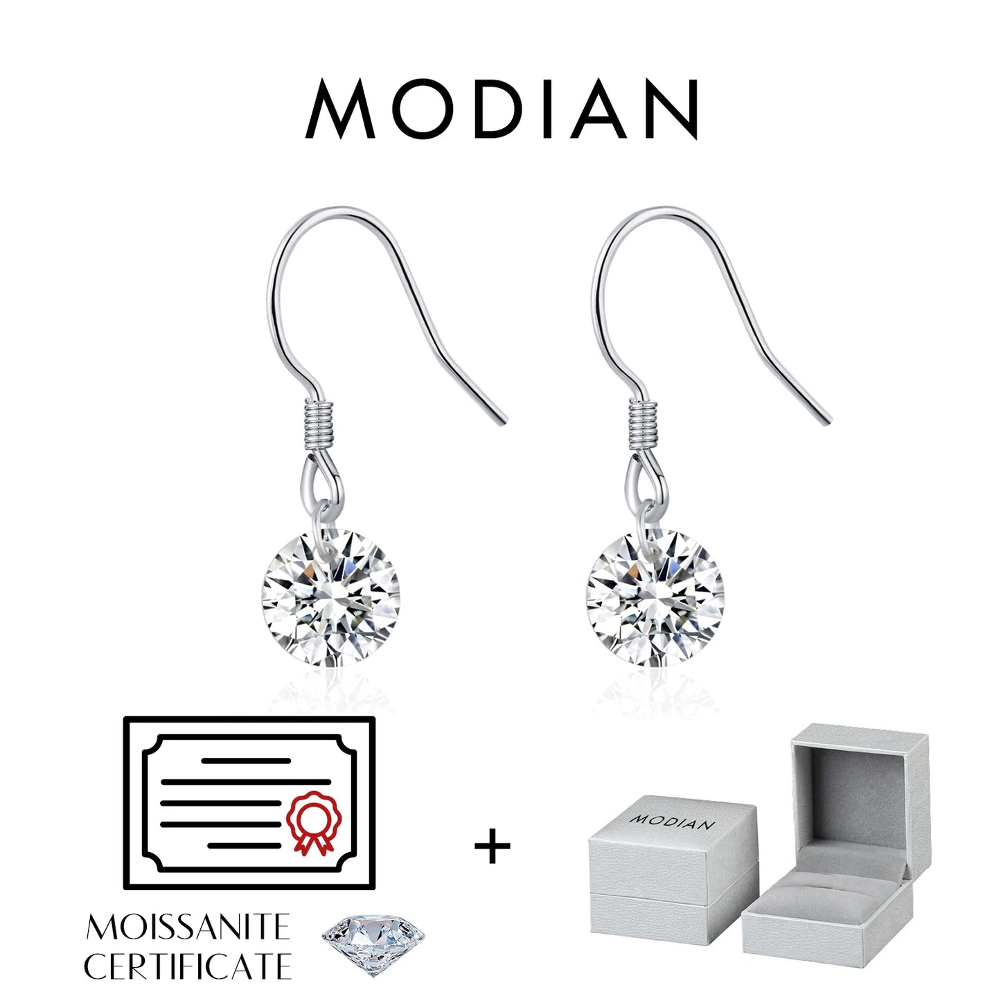 MODIAN 1CT D Color Sparkling Moissanite Hook Earrings 925 Sterling Silver Round Sway Dangle Earrings For Women Fine Jewelry