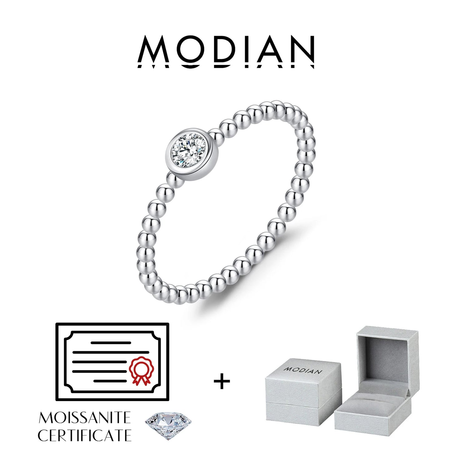 MODIAN Bezel Setting Moissanite Ring 925 Sterling Silver Beads Trendy Stackable Finger Rings For Women Lab Diamond Jewelry
