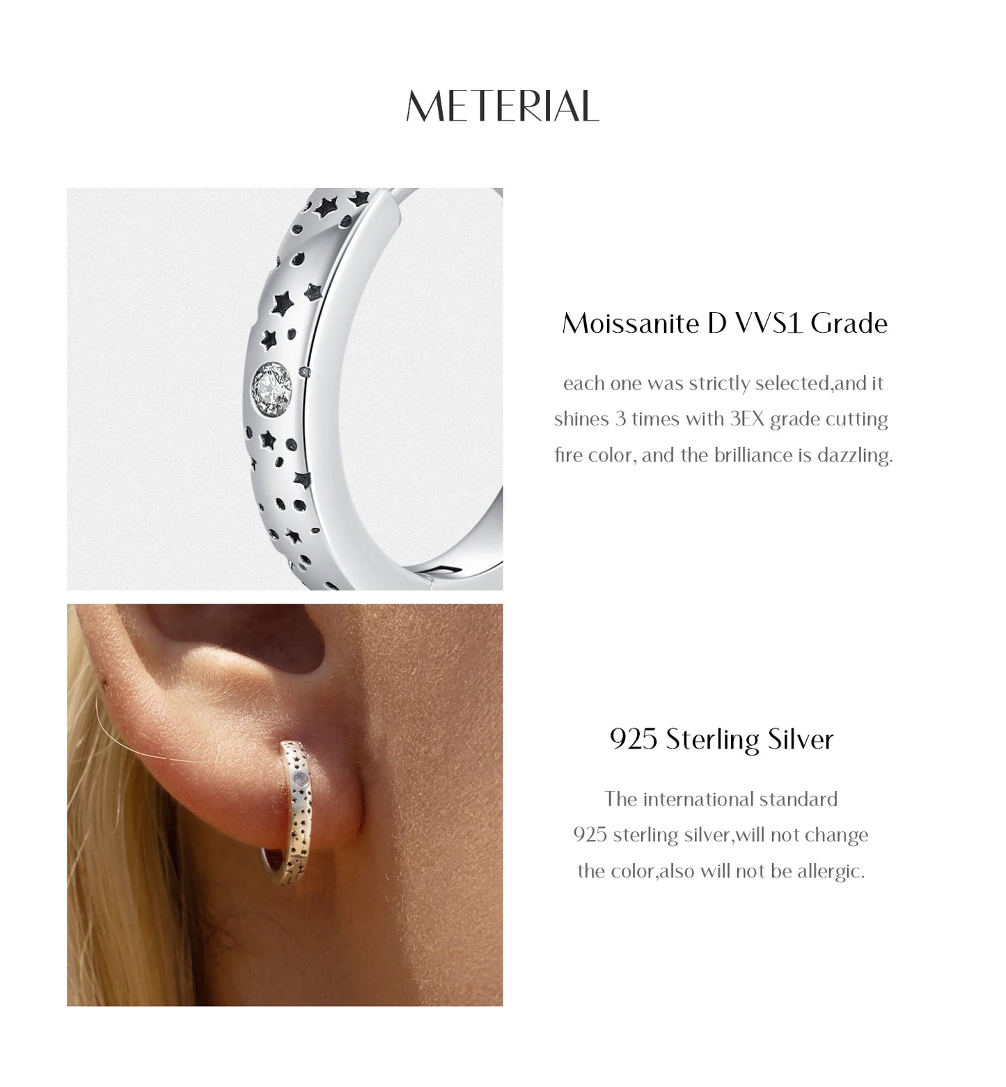 MODIAN D Color Moissanite Ear Buckles 925 Sterling Silver Sparkle Retro Hollow Stars Hoop Earrings For Women Fine Jewelry