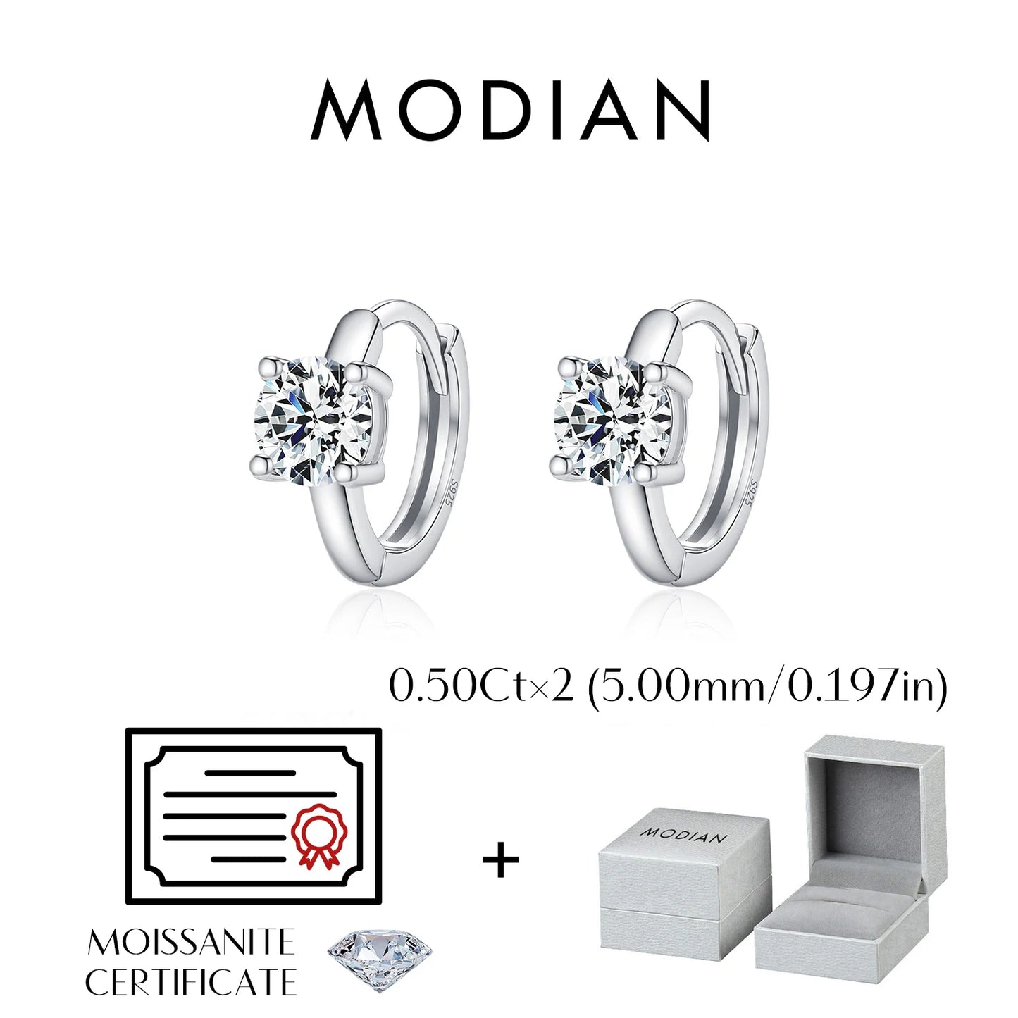 MODIAN 1CT/2CT D Color Moissanite Ear Buckle 925 Sterling Silver Classic Round Hoop Earrings For Women Fine Wedding Jewelry