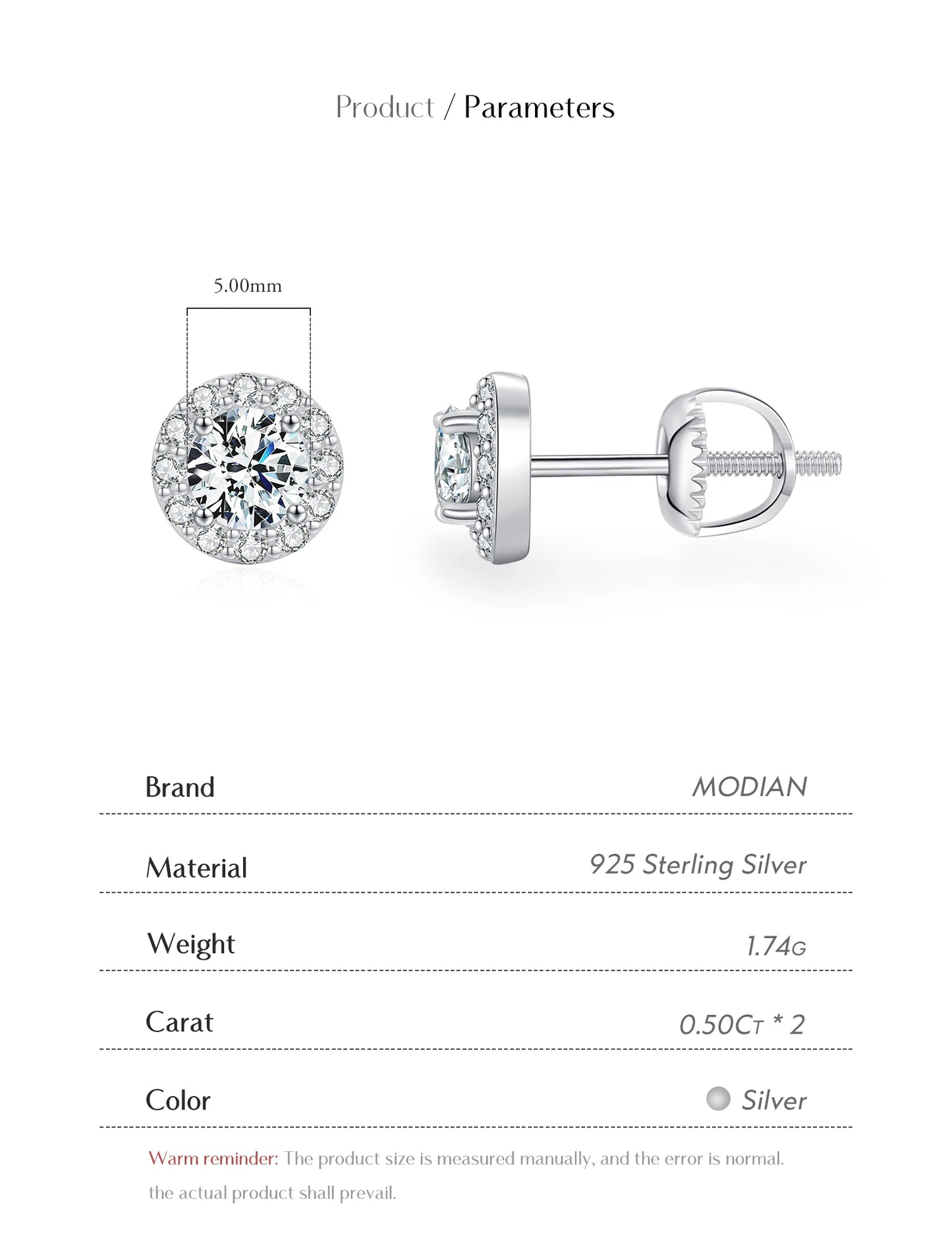 MODIAN 1.00CT Moissanite Earrings For Women 925 Sterling Silver Classic Round Prong Setting D Color Lab Diamonds Wedding Jewelry