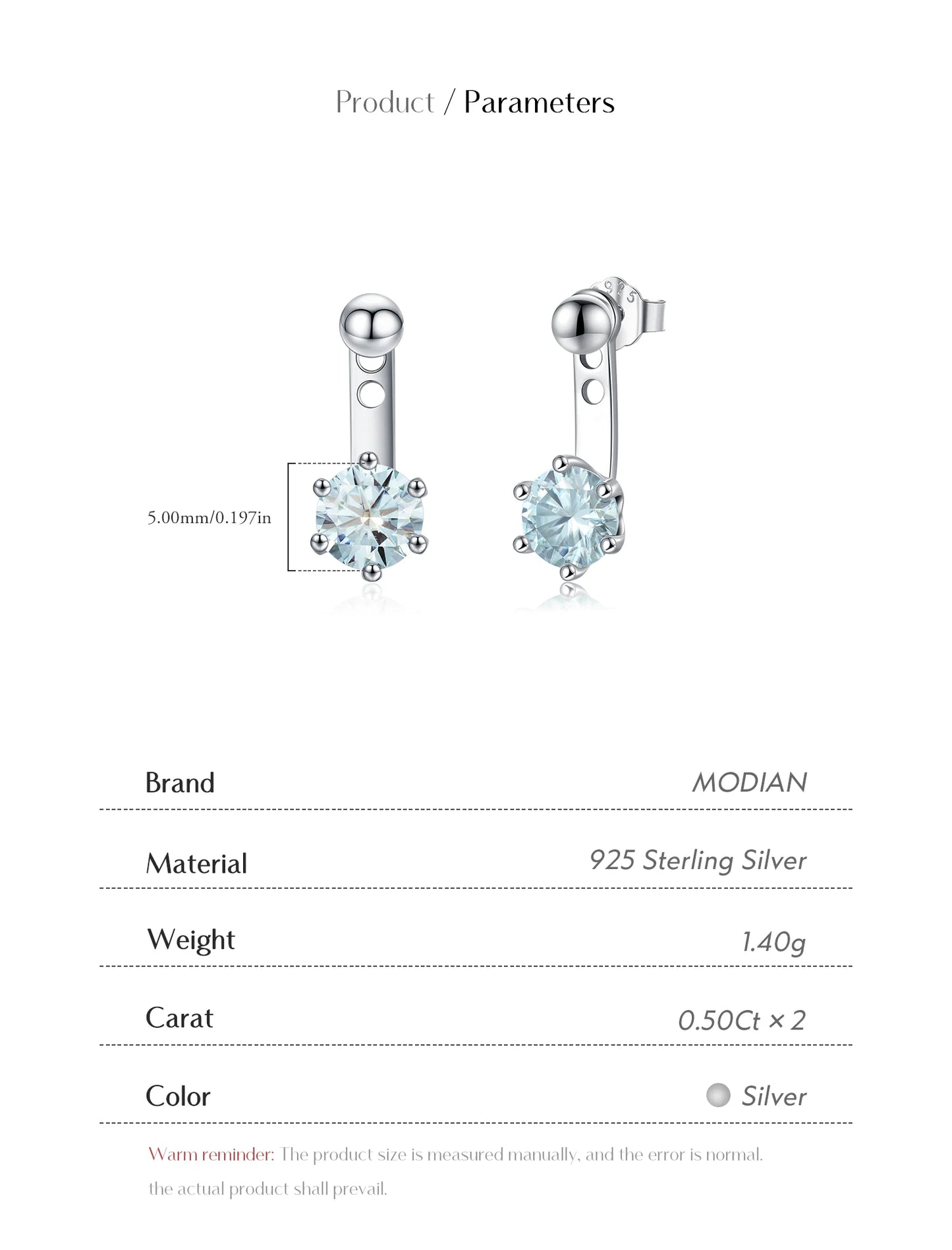 MODIAN D Color VVS1 Round Teal Moissanite Ear Climbers 925 Sterling Silver Luxury Trendy Stud Earrings For Women Fine Jewelry