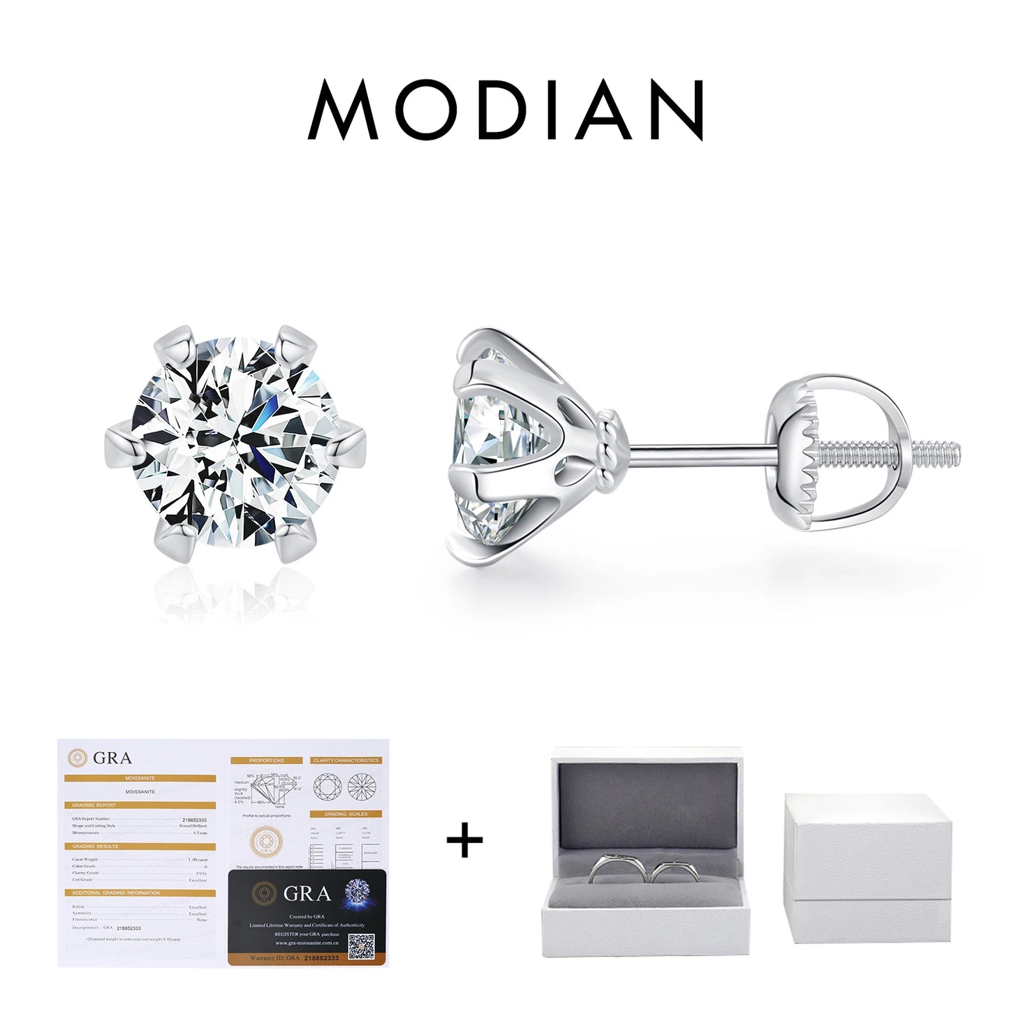 MODIAN 1 Carat D Color Moissanite Stud Earrings 925 Sterling Silver Sparkling Wedding Platinum Plated Fine Jewelry For Women