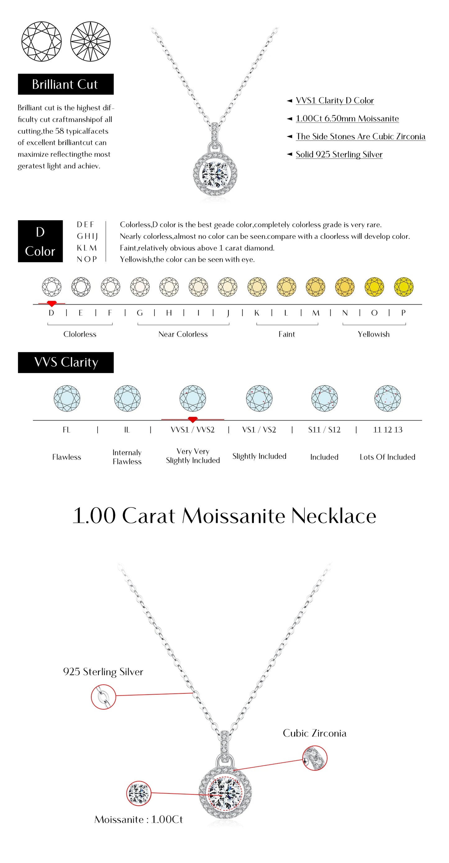 MODIAN 1 Carat D color Moissanite Pendant Necklace For Women 925 Sterling Silver Wedding Bridal Fine Jewelry With Certificate