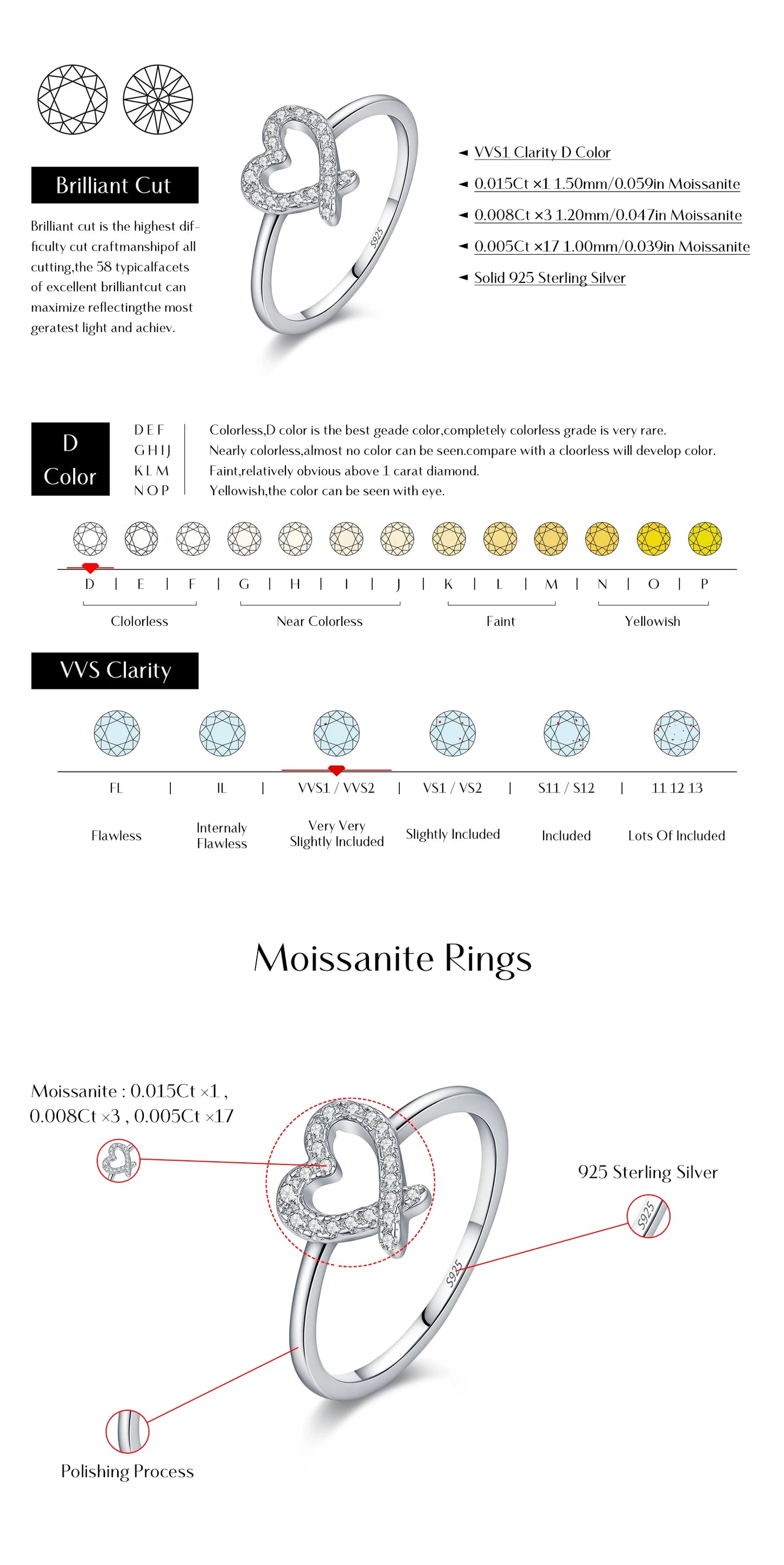 MODIAN Sparkling D Color Moissanite 925 Sterling Silver Rings Irregular Hollow Heart Finger Rings For Women Fine Jewelry