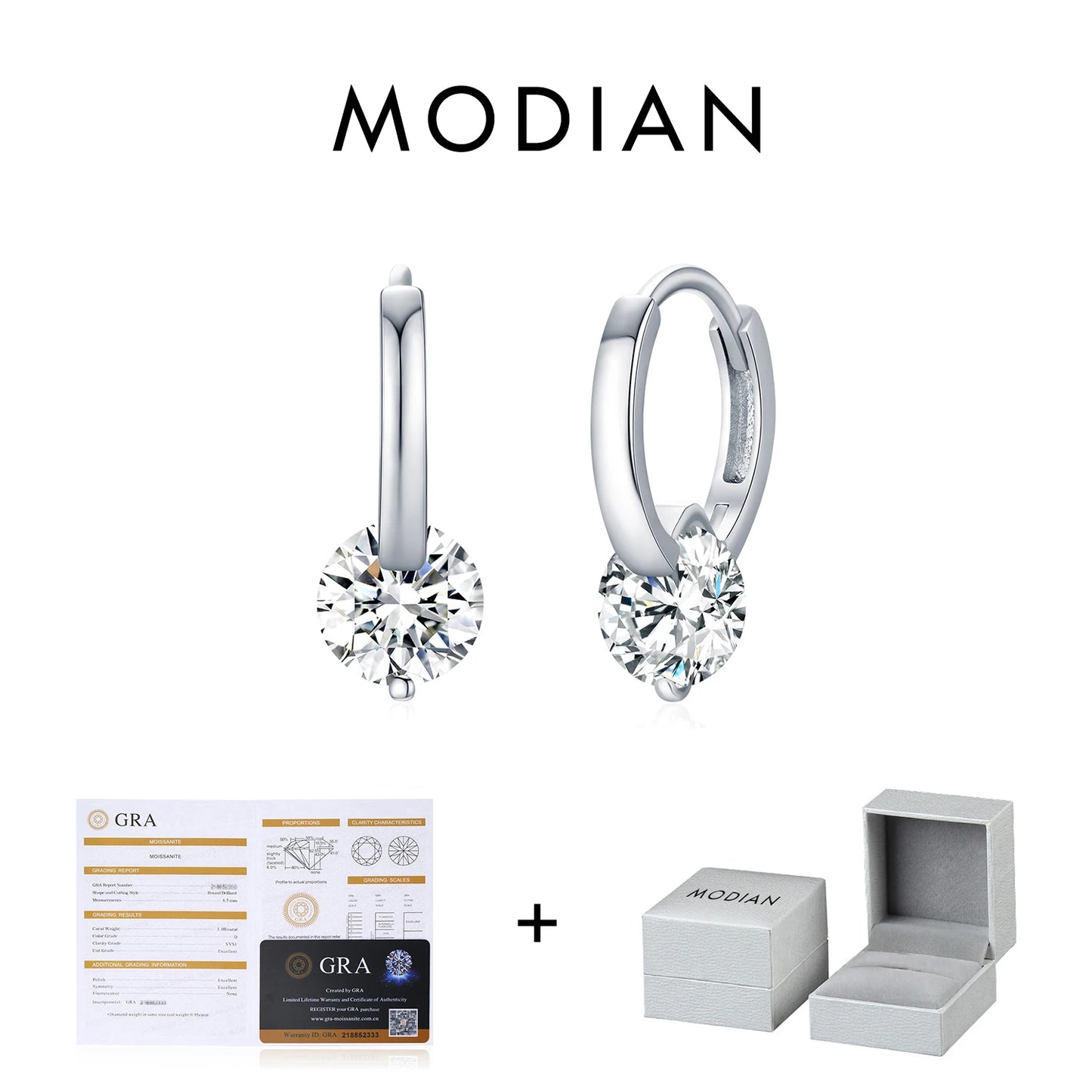 MODIAN 1.0CT D Color Moissanite Hoop Earrings 925 Sterling Silver Luxury Buckle Earrings For Women Wedding Fine Jewelry Gifts
