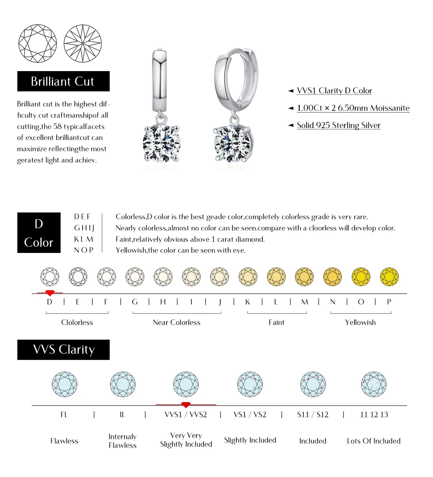MODIAN 1.0CT D Color Moissanite Hoop Earrings Lab Created Diamond For Women 925 Sterling Silver Wedding Fine Jewelry Gift