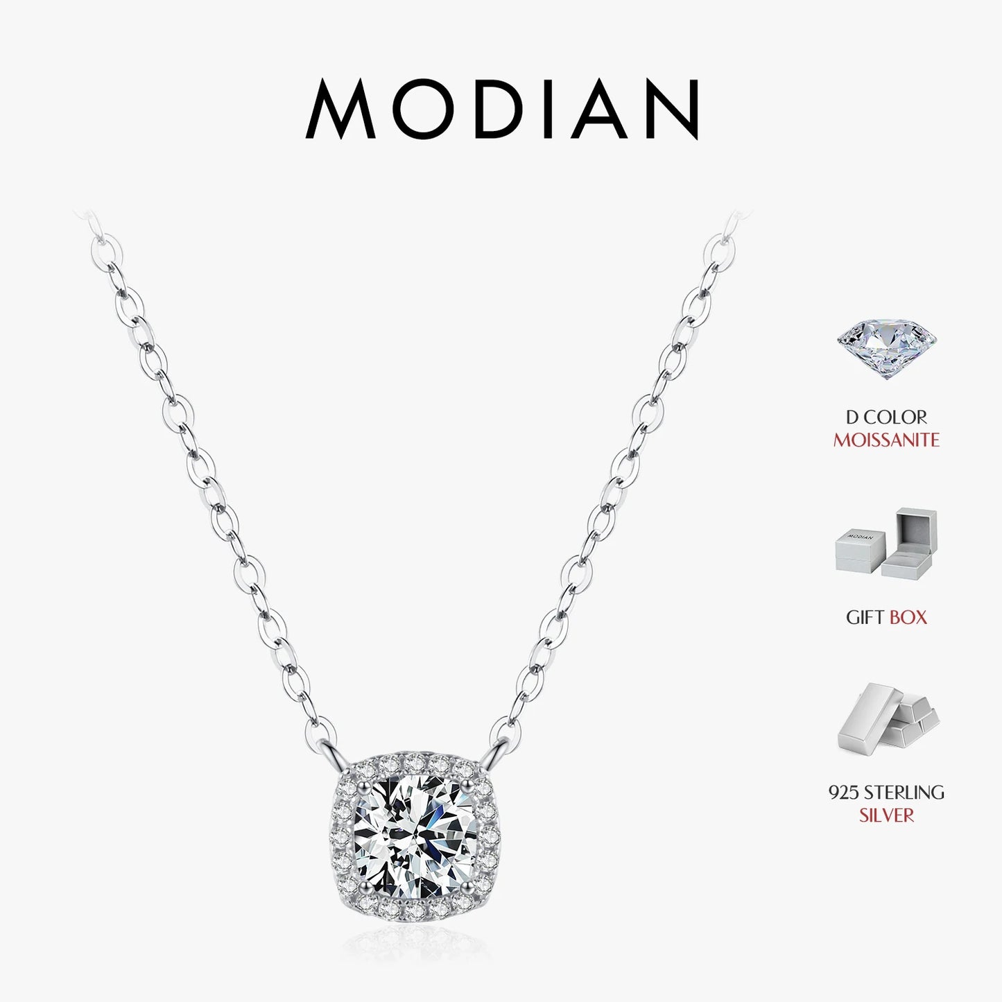 MODIAN 1 Carat Square Cushion Cut Halo Moissanite Pendant Necklace For Women 925 Sterling Silver Dazzling Wedding Bridal Jewelry