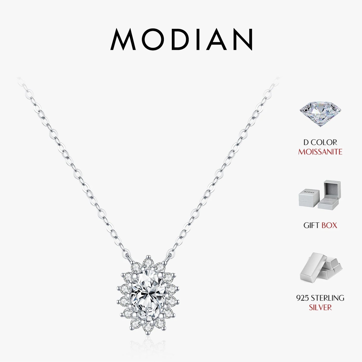 MODIAN D Color Oval Moissanite Necklaces 925 Sterling Silver Classic Pendant Necklace For Women Wedding Engagement Fine Jewelry