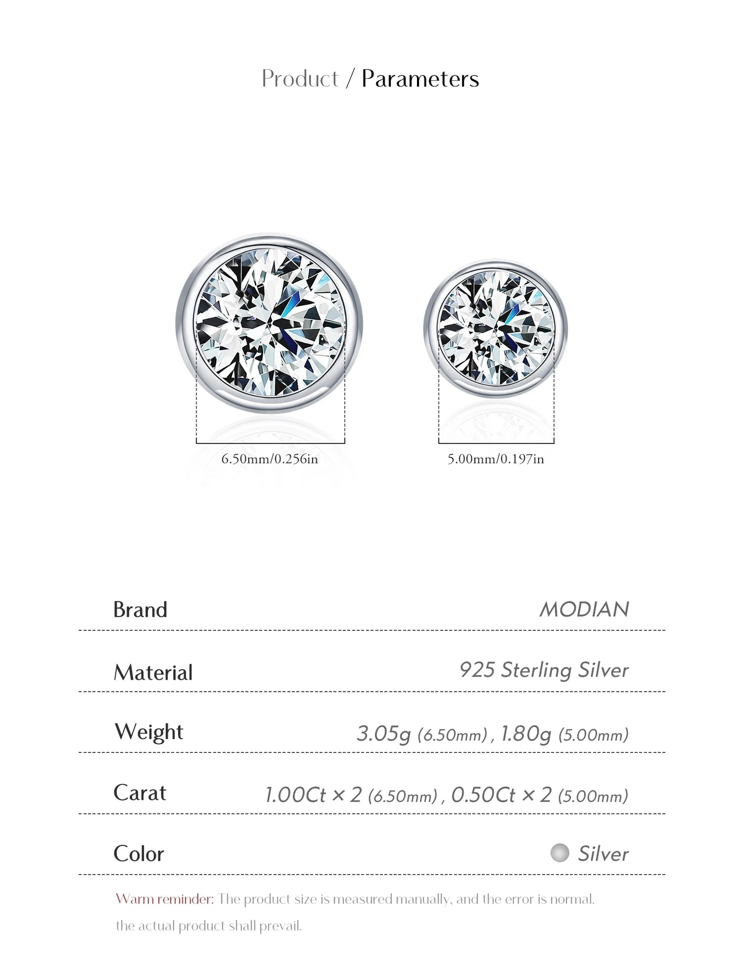 MODIAN 1CT/2CT D Color Bezel Moissanite Earrings 925 Sterling Silver Classic Round Stud Earrings For Women Wedding Fine Jewelry