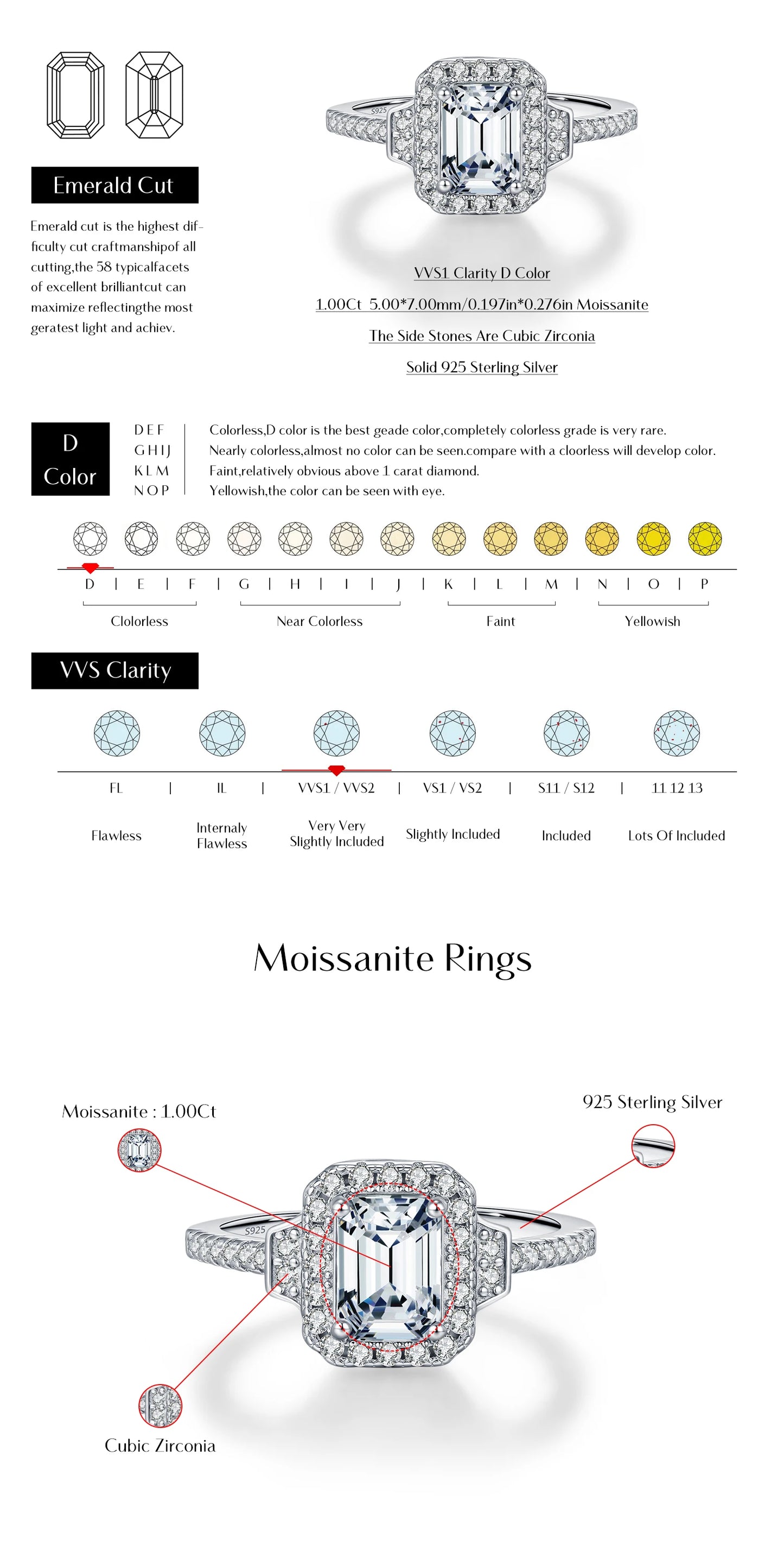 MODIAN 1CT Emerald Cut Moissanite Halo Rings 925 Sterling Silver Luxury Finger Rings For Women Wedding Statement Fine Jewelry