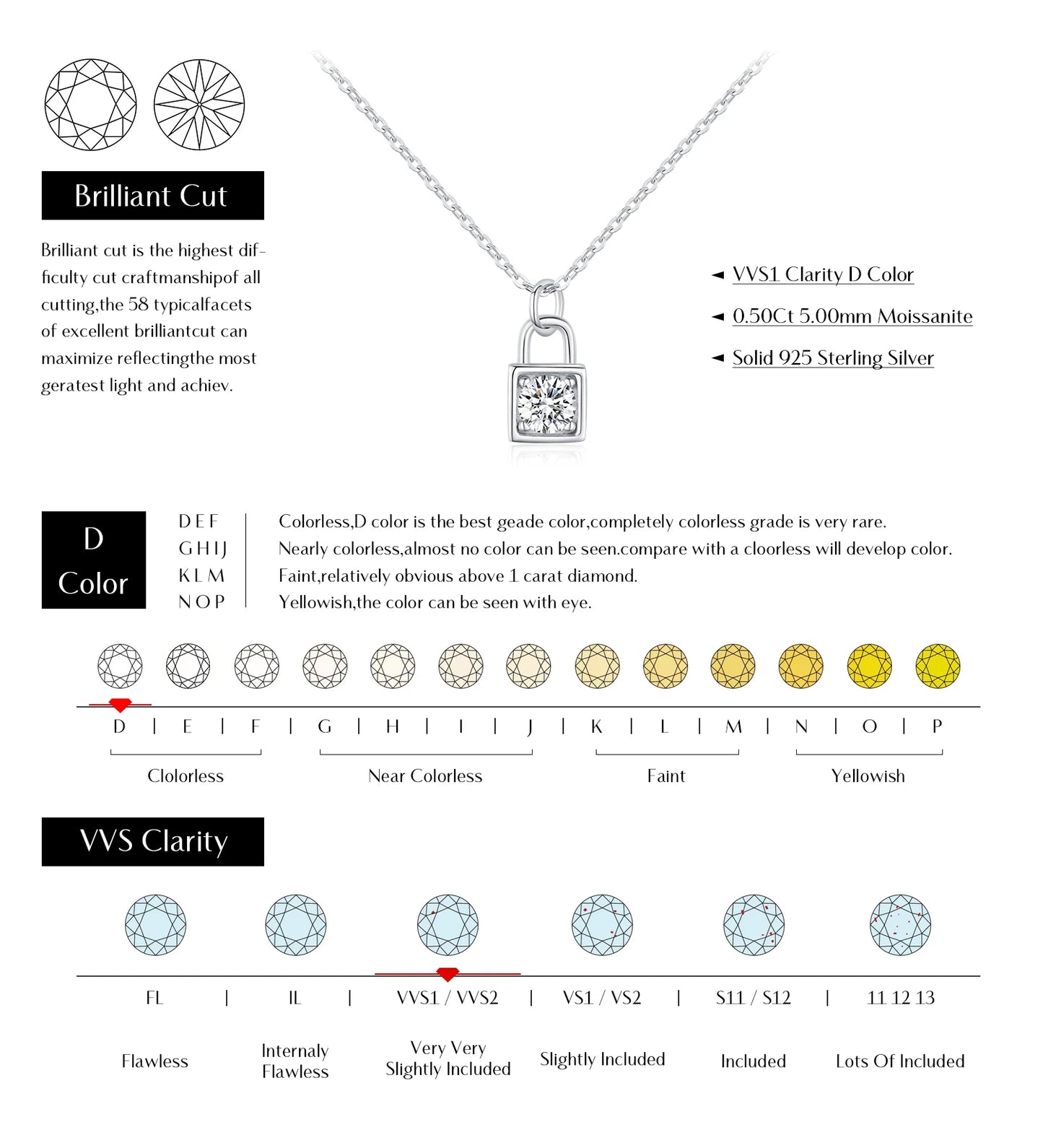 MODIAN 0.5 Carat D Color Moissanite Lock Pendant Necklace For Women 925 Sterling Silver Party Stackable Fine Jewelry With Boxes