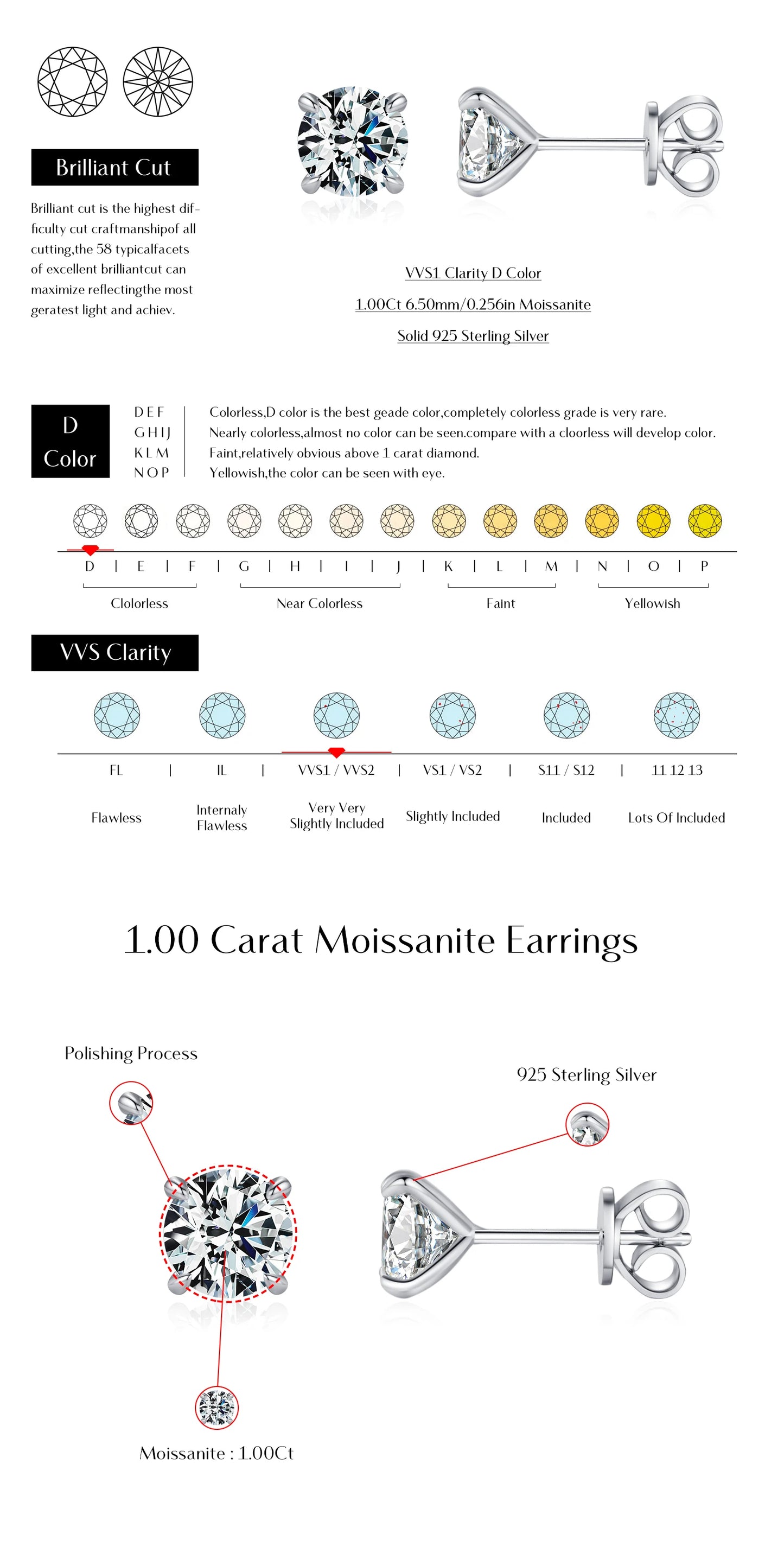MODIAN D Color 1CT Moissanite Stud Earrings 925 Sterling Silver Wedding Engagement Lab Created Diamond Jewelry For Women Gift