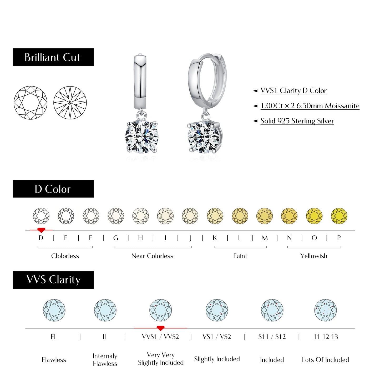 MODIAN 1.0CT D Color Moissanite Hoop Earrings Lab Created Diamond For Women 925 Sterling Silver Wedding Fine Jewelry Gift