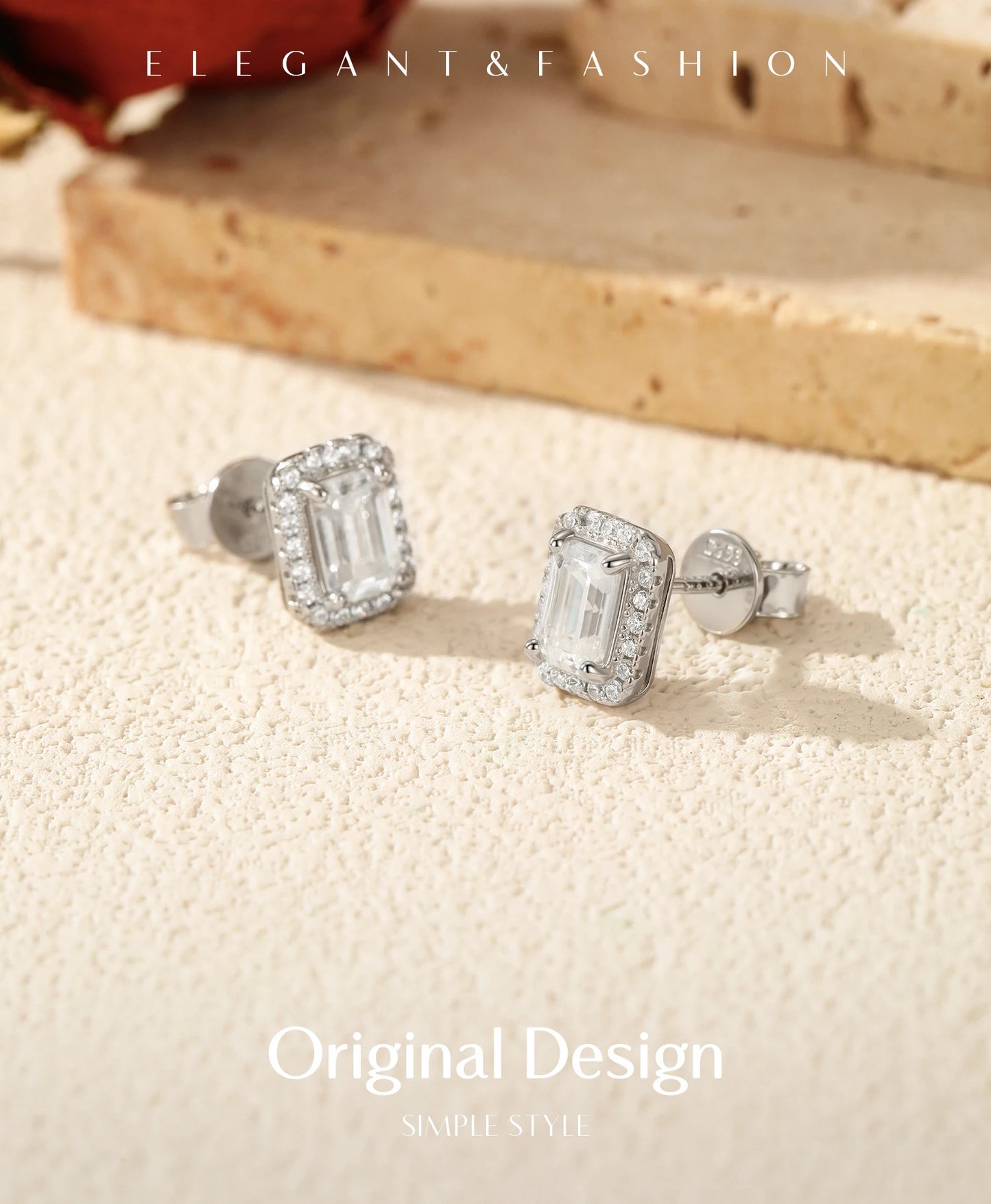 MODIAN Emerald Cut Moissanite Ear Studs 925 Sterling Silver Classic Luxury Halo Earrings For Women Wedding Fine Jewelry Gift