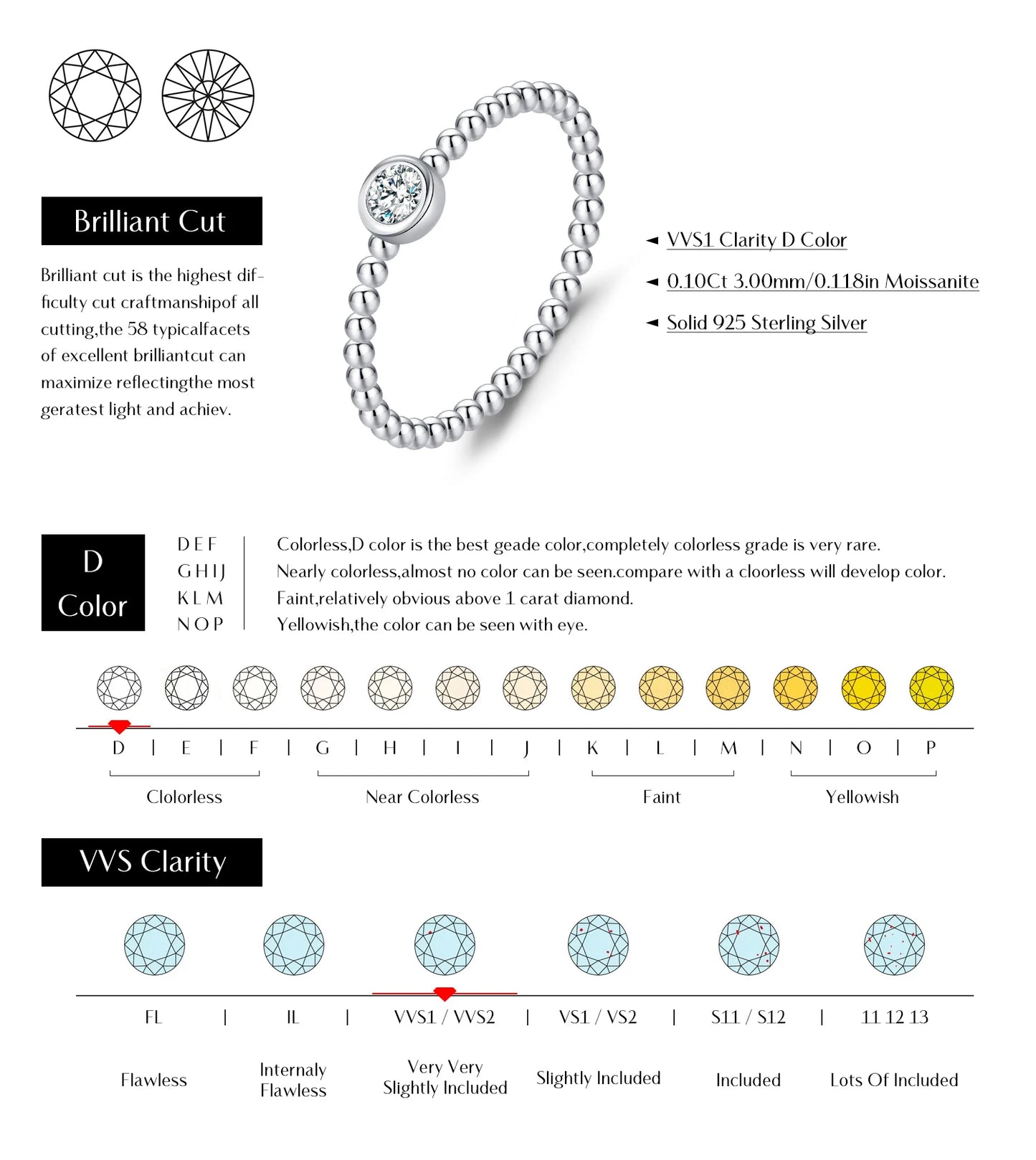 MODIAN D Color Stackable Moissanite Ring 925 Sterling Silver Beads Sparkling Trendy Rings For Women Party Vacation Jewelry