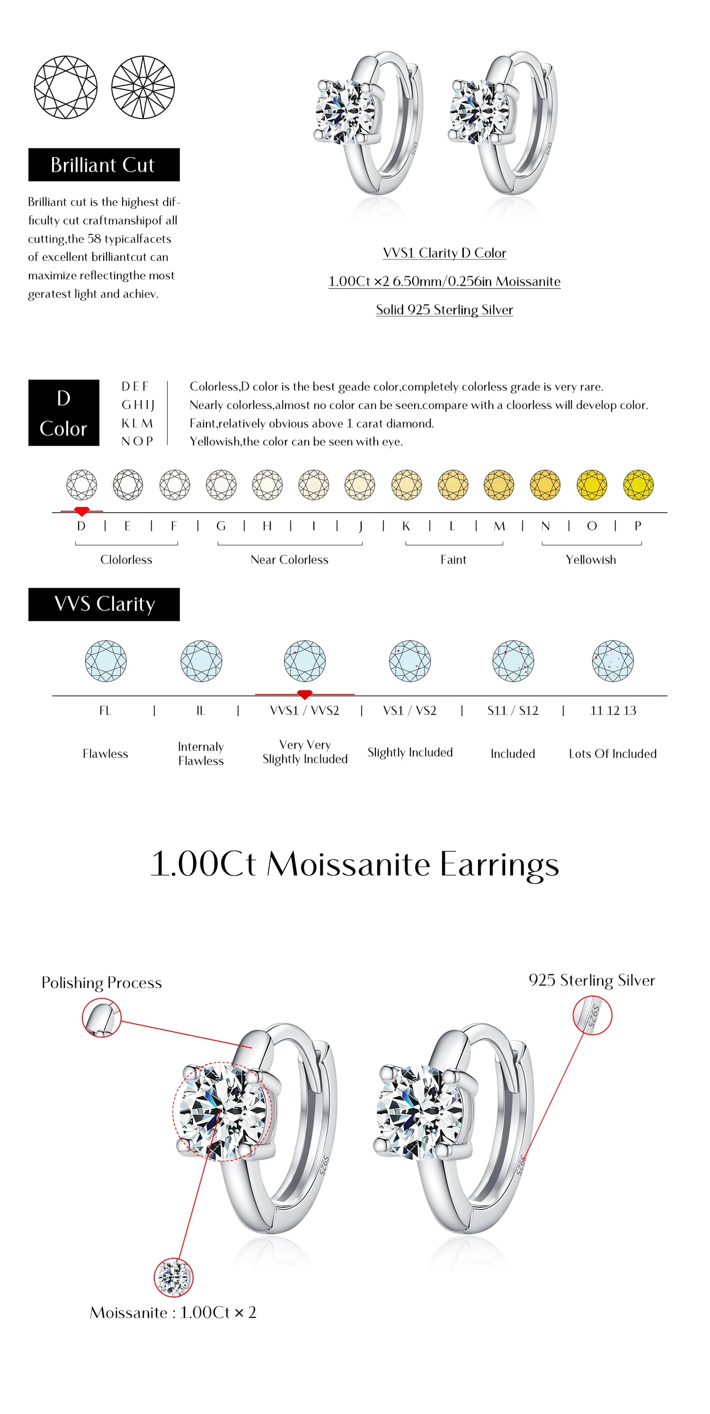MODIAN 1CT/2CT D Color Moissanite Ear Buckle 925 Sterling Silver Classic Round Hoop Earrings For Women Fine Wedding Jewelry