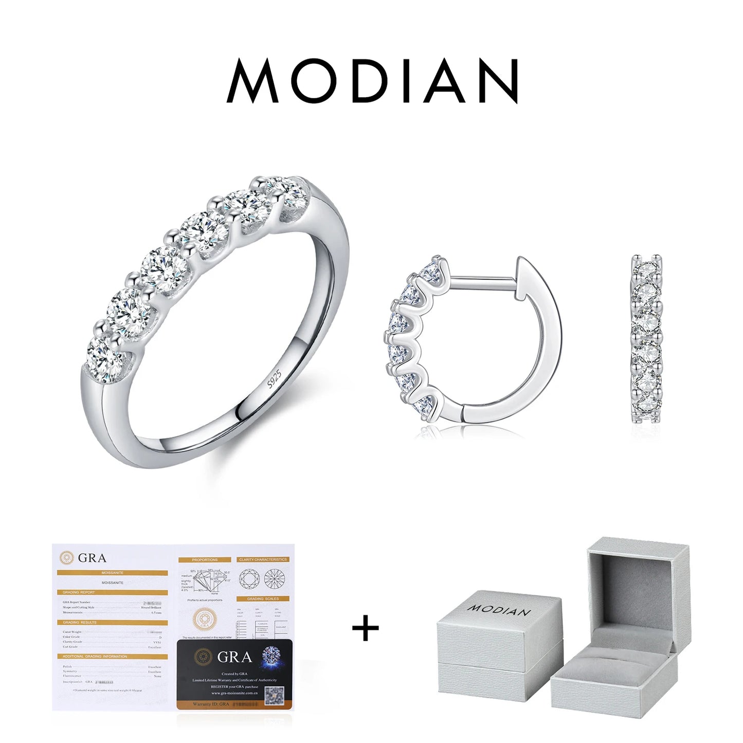 MODIAN D Color Moissanite 925 Sterling Silver Luxury Sparkle Geometric Hoop Earrings Ring For Women Wedding Fine Jewelry Set