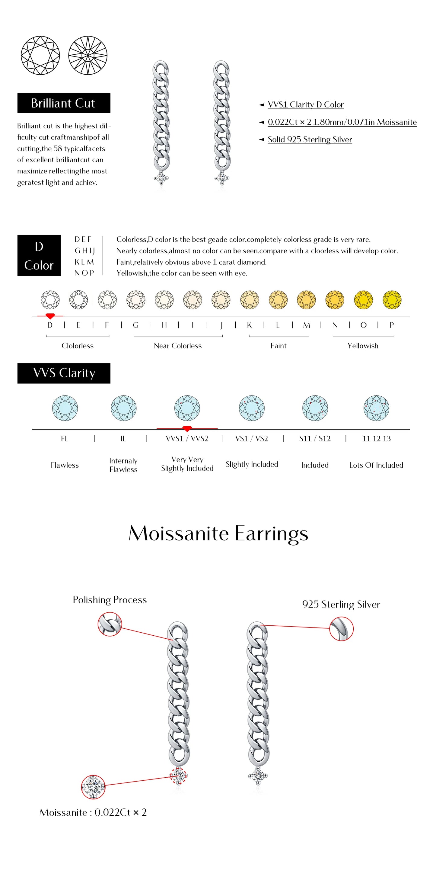 MODIAN D Color Moissanite Link Chain Stud Earrings 925 Sterling Silver Exquisite Trendy Earrings For Women Vacation Fine Jewelry