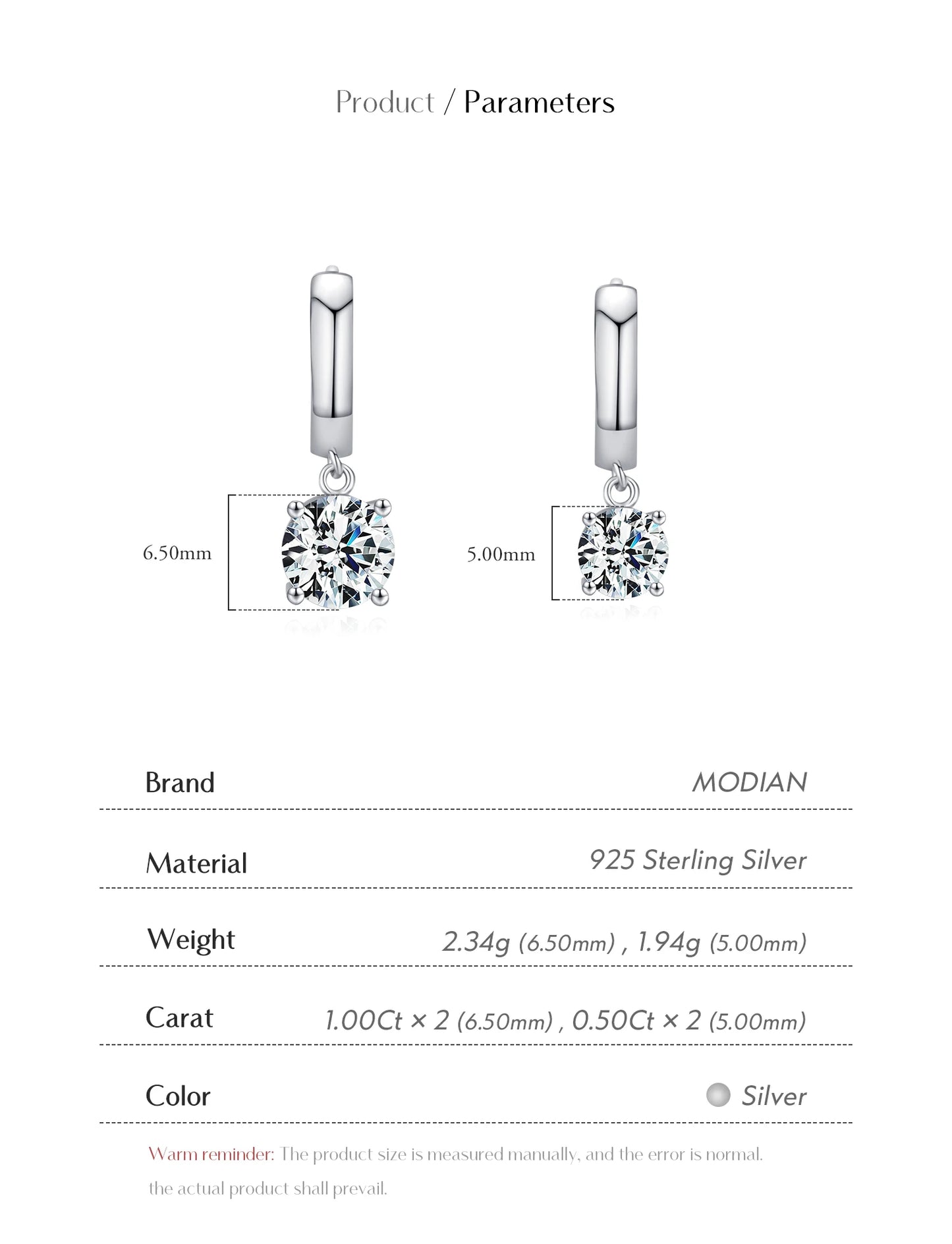MODIAN 1.0CT D Color Moissanite Hoop Earrings Lab Created Diamond For Women 925 Sterling Silver Wedding Fine Jewelry Gift