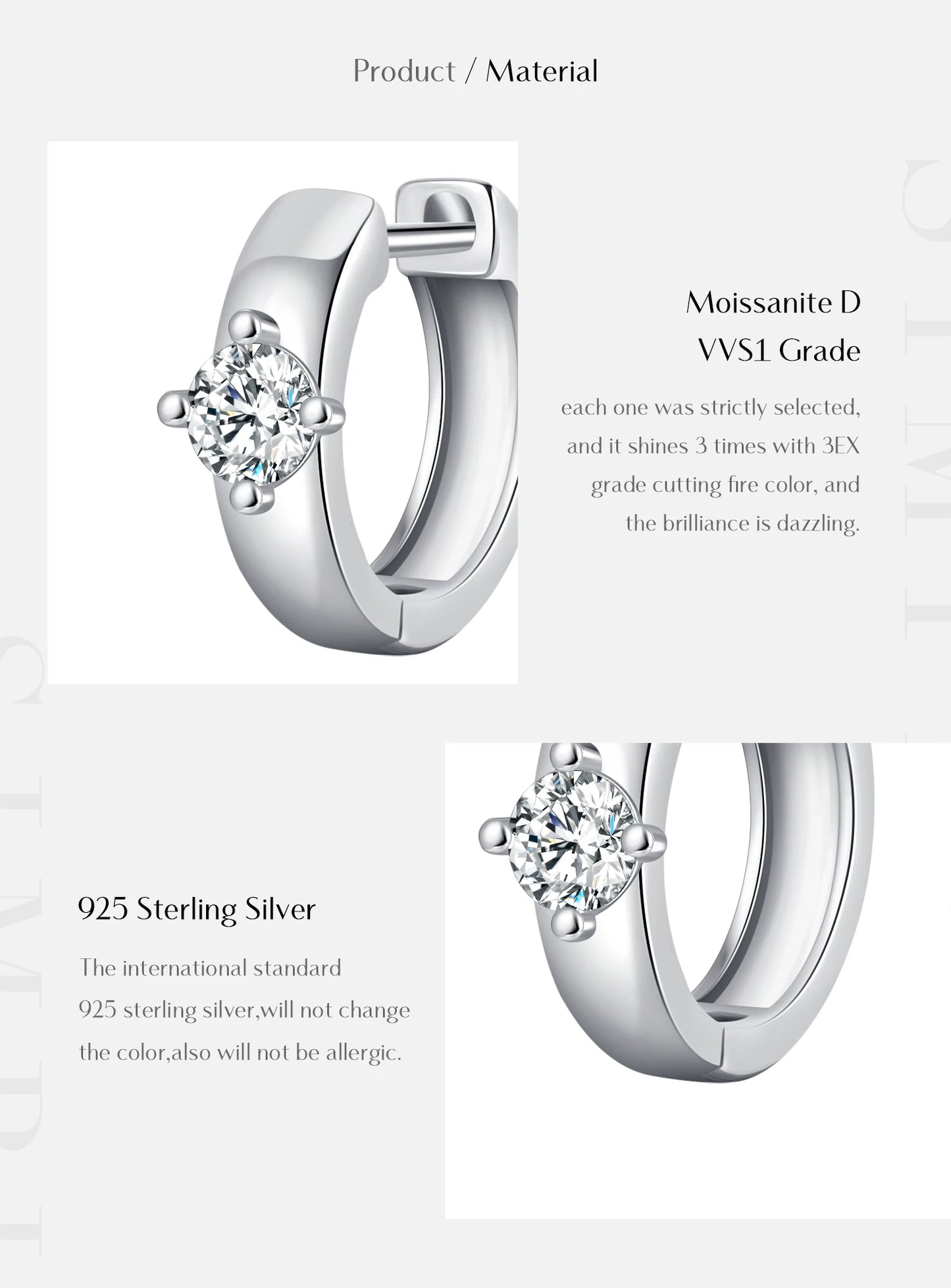 MODIAN Round Moissanite Ear Buckles Lab Diamond 925 Sterling Silver Engagement & Wedding Hoop Earrings for Women Jewelry Gifts