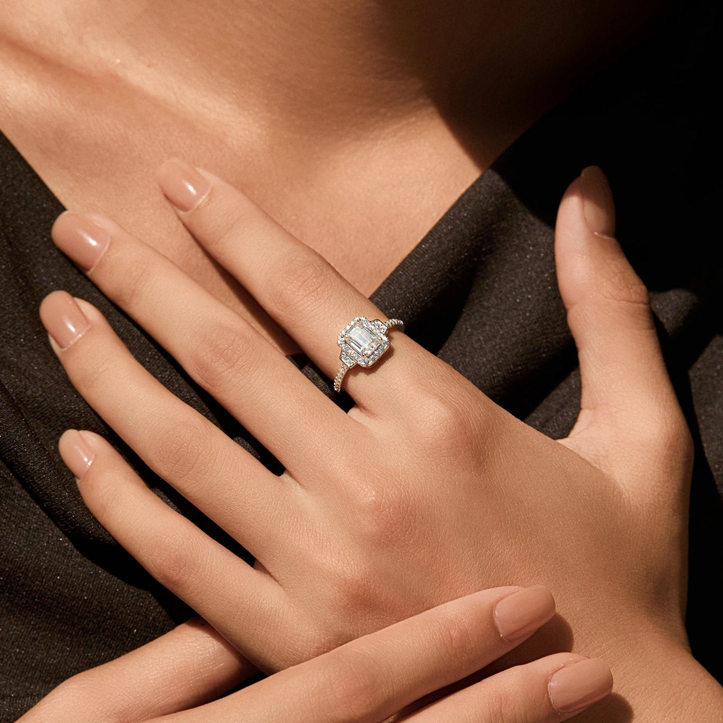 MODIAN 1CT Emerald Cut Moissanite Halo Rings 925 Sterling Silver Luxury Finger Rings For Women Wedding Statement Fine Jewelry