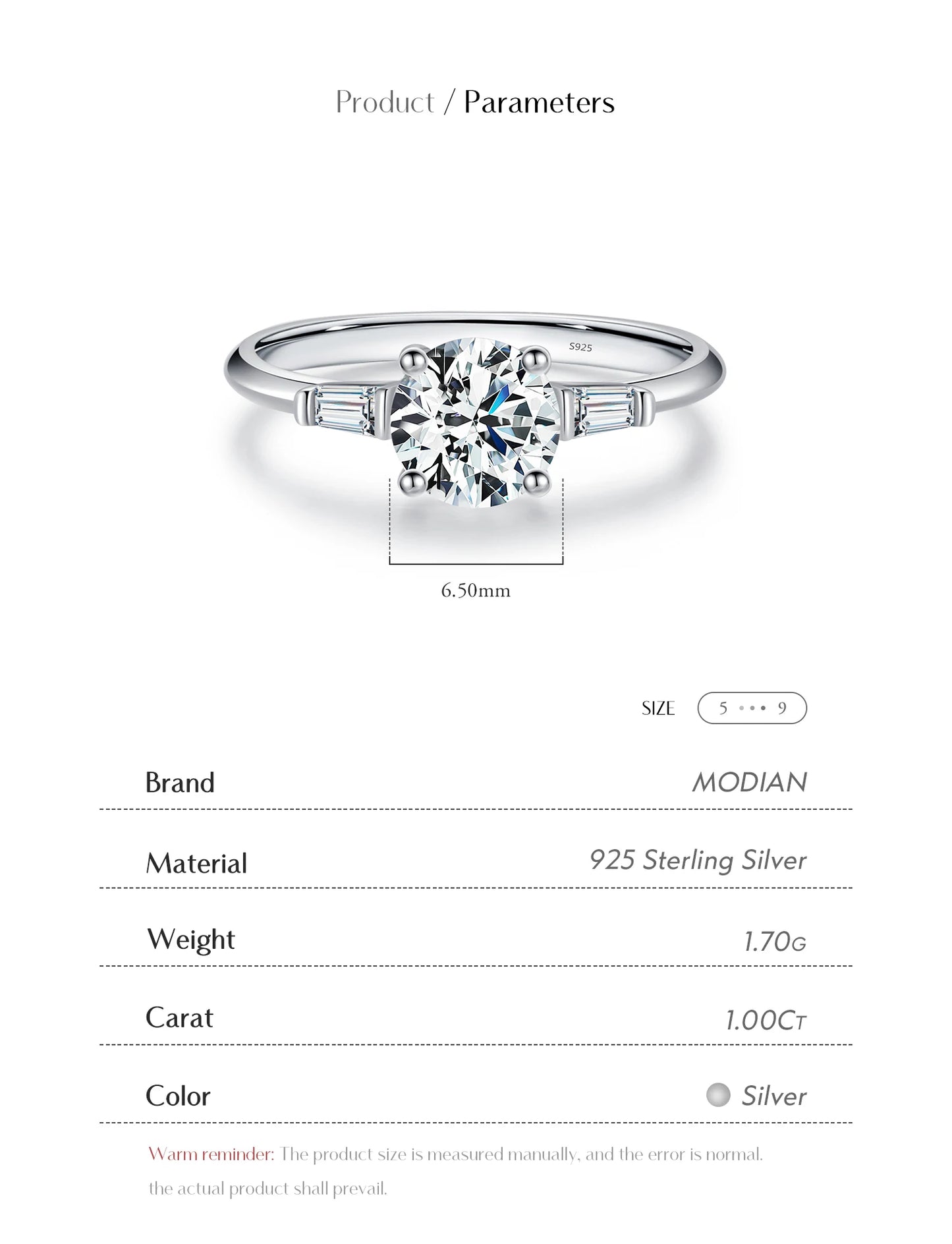 MODIAN 1.0CT Round Moissanite Ring D Color Lab Diamond Classic 925 Sterling Silver Wedding Engagement Band Jewelry For Women