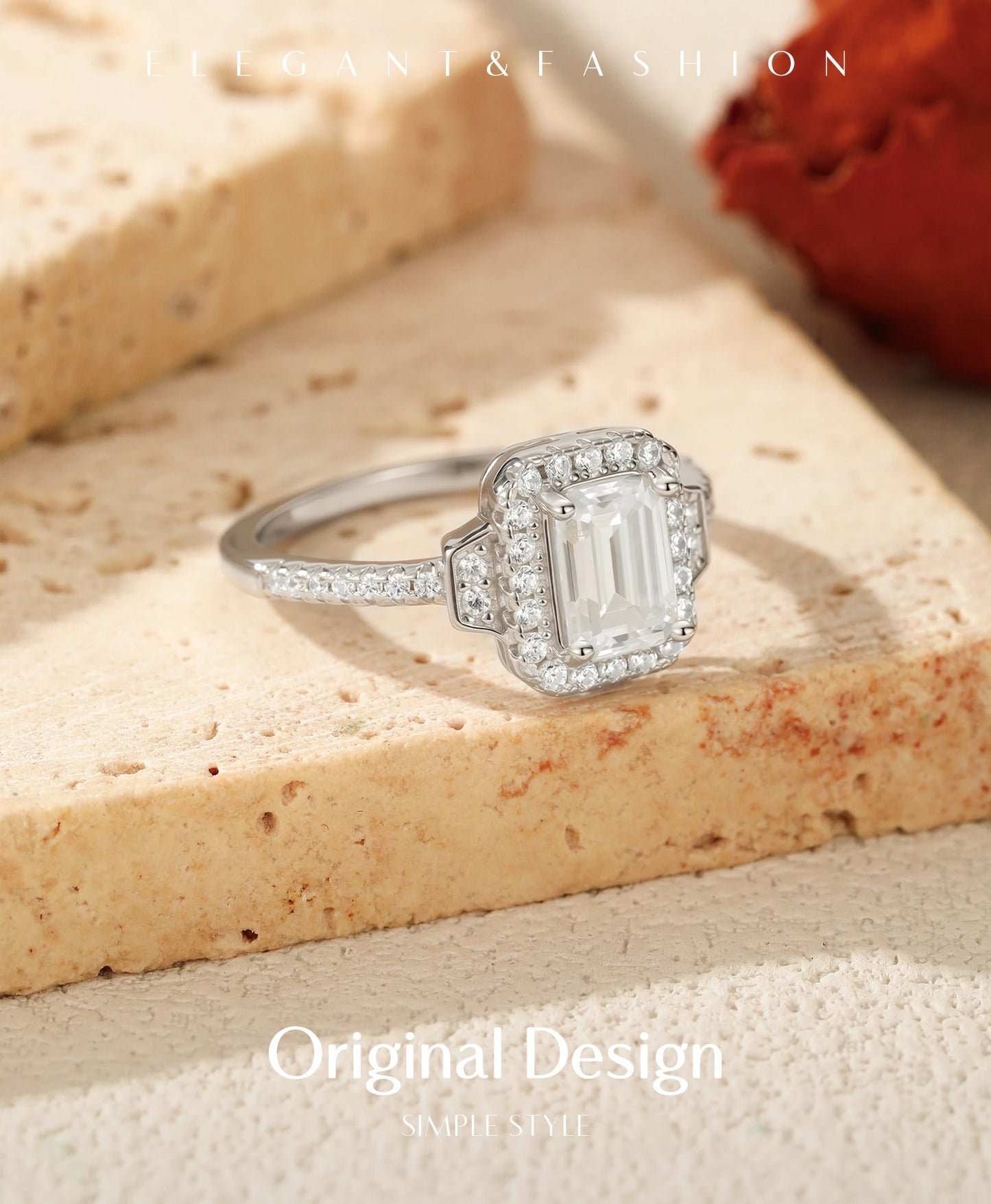 MODIAN 1CT Emerald Cut Moissanite Halo Rings 925 Sterling Silver Luxury Finger Rings For Women Wedding Statement Fine Jewelry