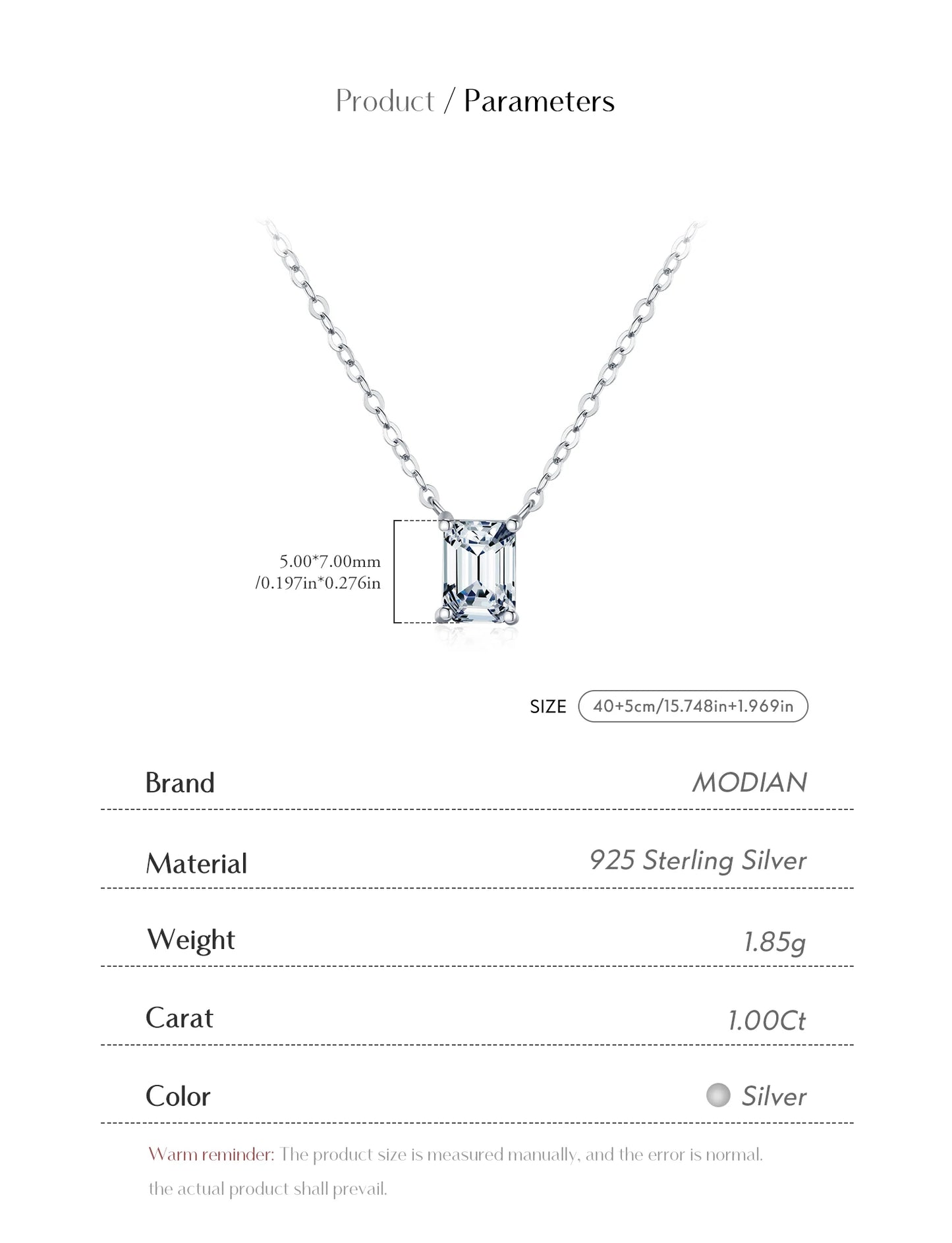 MODIAN D Color Rectangle Emerald Cut Moissanite Necklaces 925 Sterling Silver Classic Luxury Pendant Necklace For Women Jewelry
