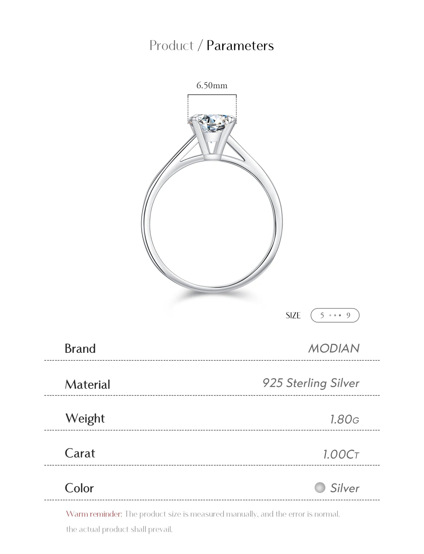 MODIAN 1CT D Color Round High Quality Moissanite Ring For Women 925 Sterling Silver Romantic Wedding Engagement Band Jewelry