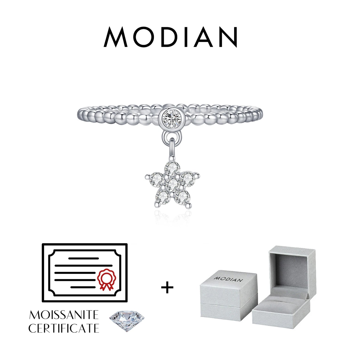 MODIAN D Color Flowers Moissanite Rings 925 Sterling Silver Beads Shiny Stars Swing Pendant Ring For Women Daisy Fine Jewelry