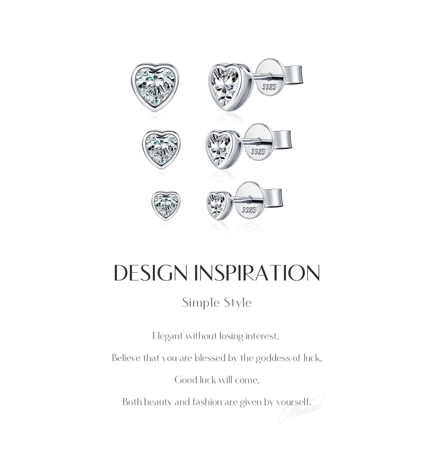 MODIAN 3 Sizes Heart Moissanite Ear Studs 925 Sterling Silver Dazzling Stackable Fashion Stud Earrings For Women Fine Jewelry