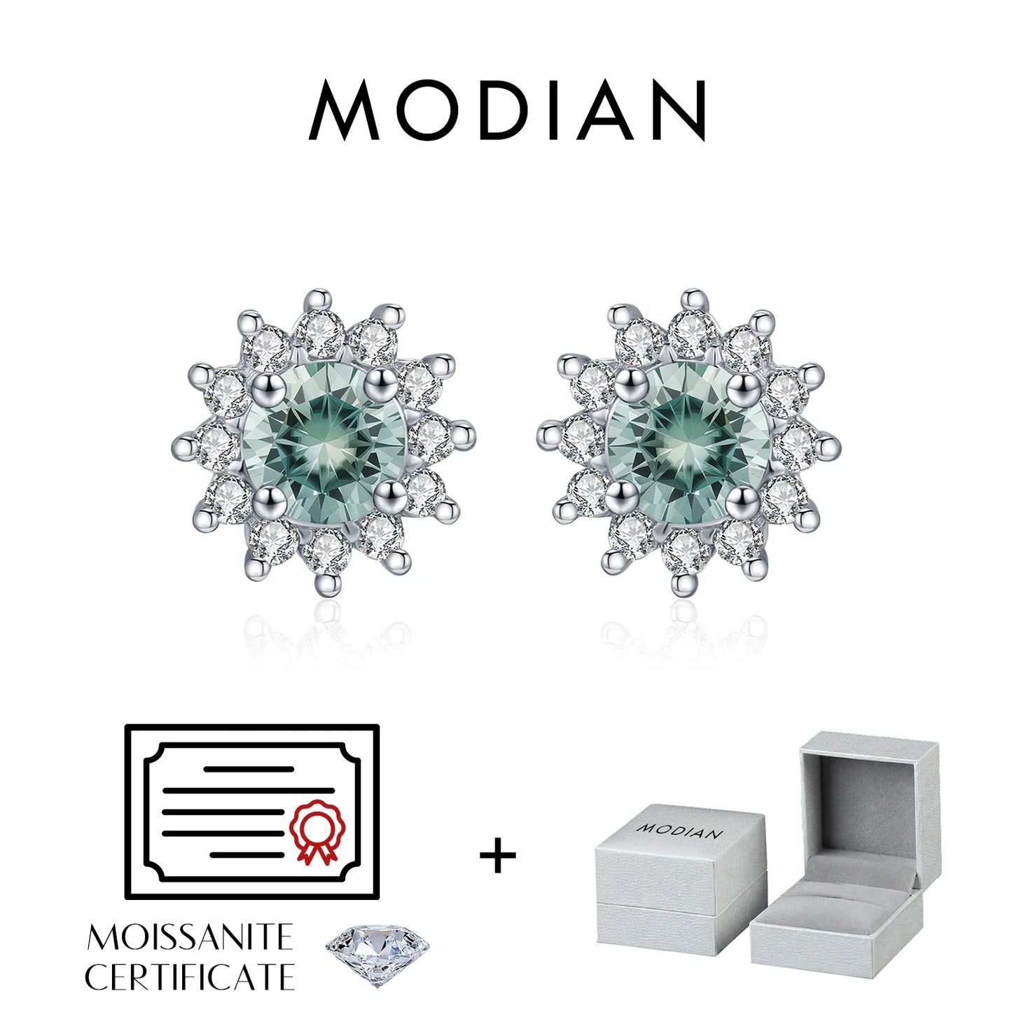 MODIAN 1CT Green Moissanite Classic Halo Earrings 925 Sterling Silver Sparkling Sun Stud Earrings For Women Party Fine Jewelry