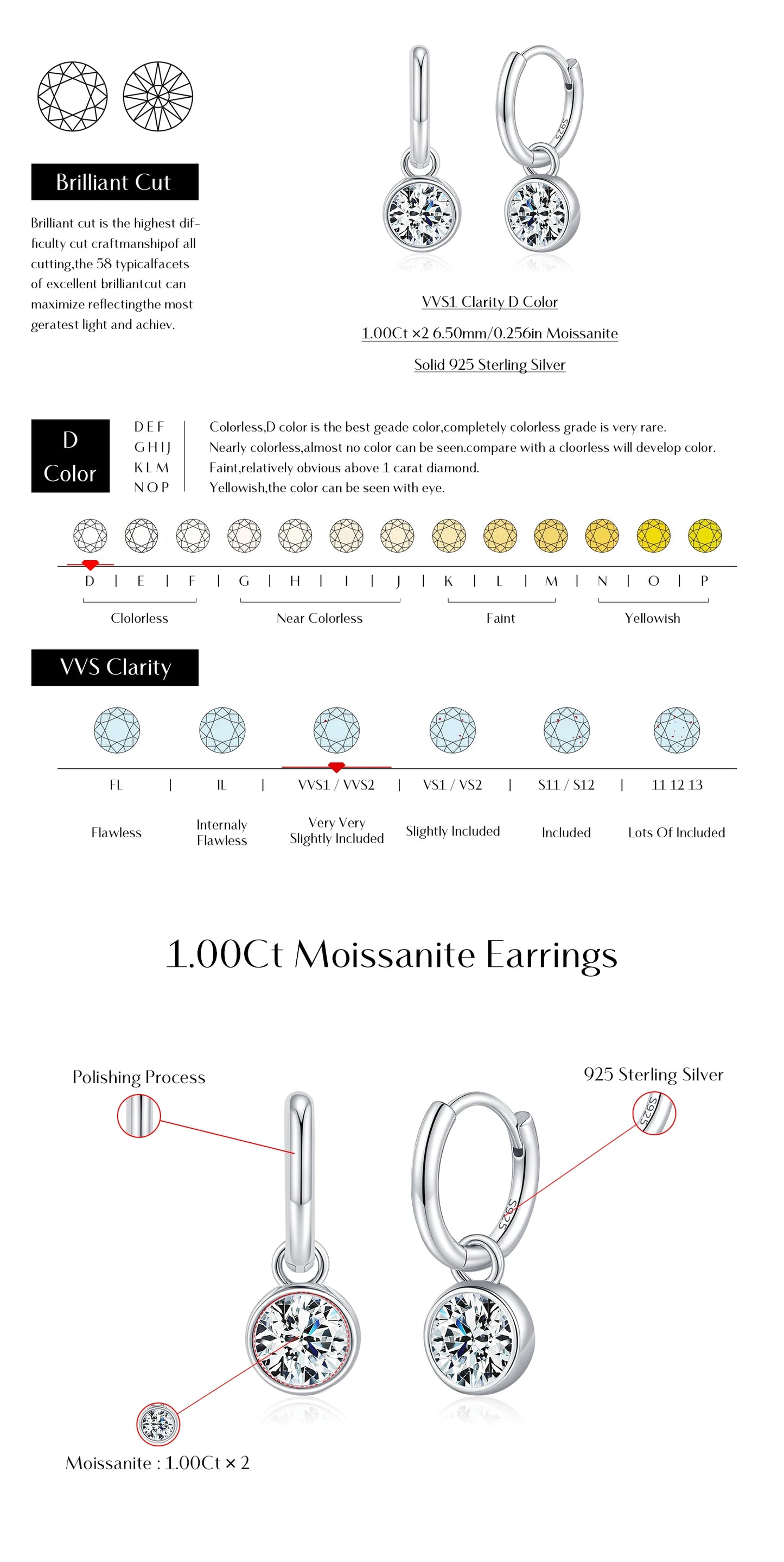 MODIAN 1CT/2CT D Color Moissanite Ear Buckle 925 Sterling Silver Round High Swing Hoop Earrings For Women Daily Fine Jewelry