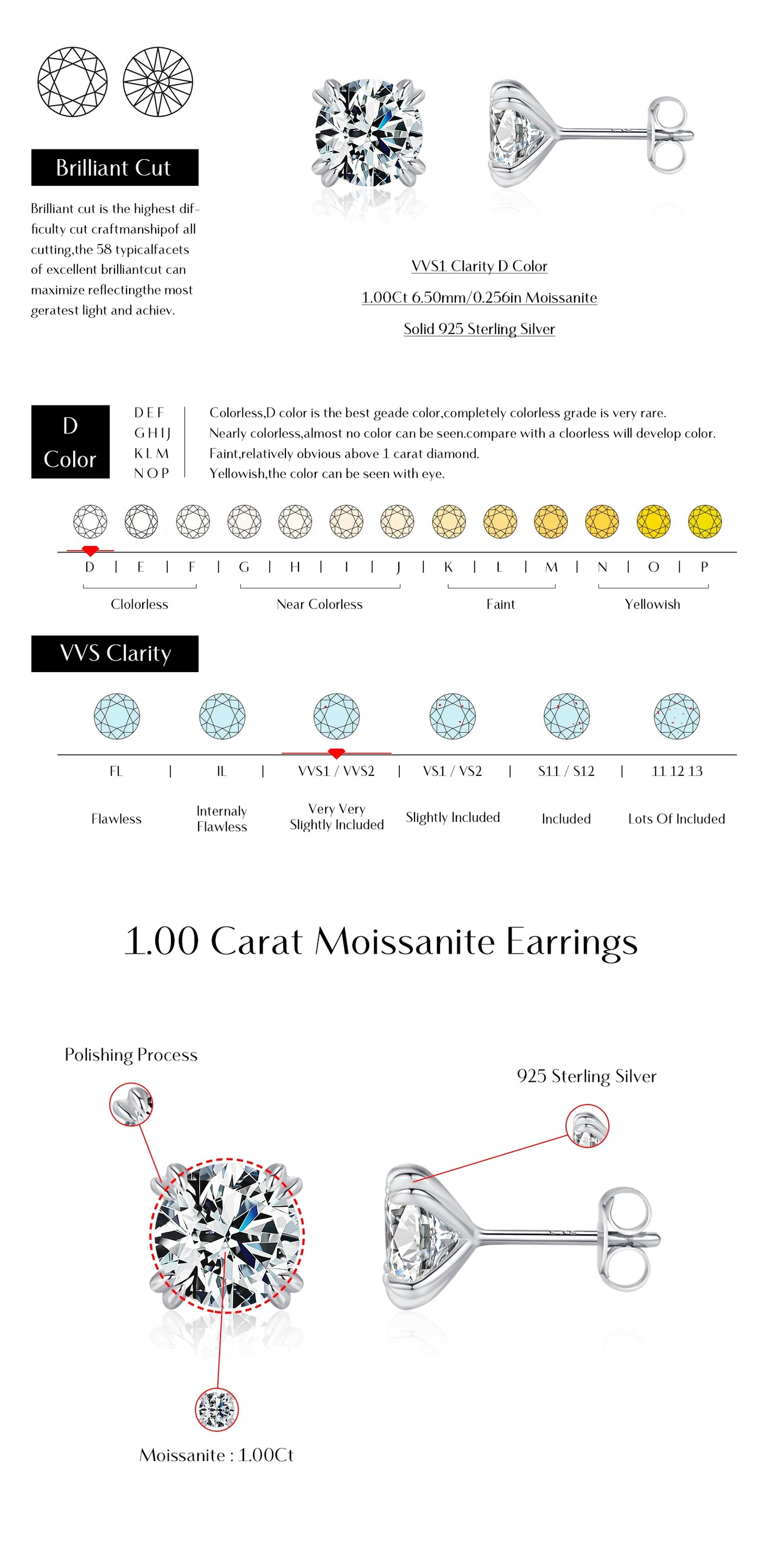 MODIAN D Color 1CT Moissanite Stud Earrings 925 Sterling Silver Brilliant Round Cut Lab Created Diamond Jewelry For Women