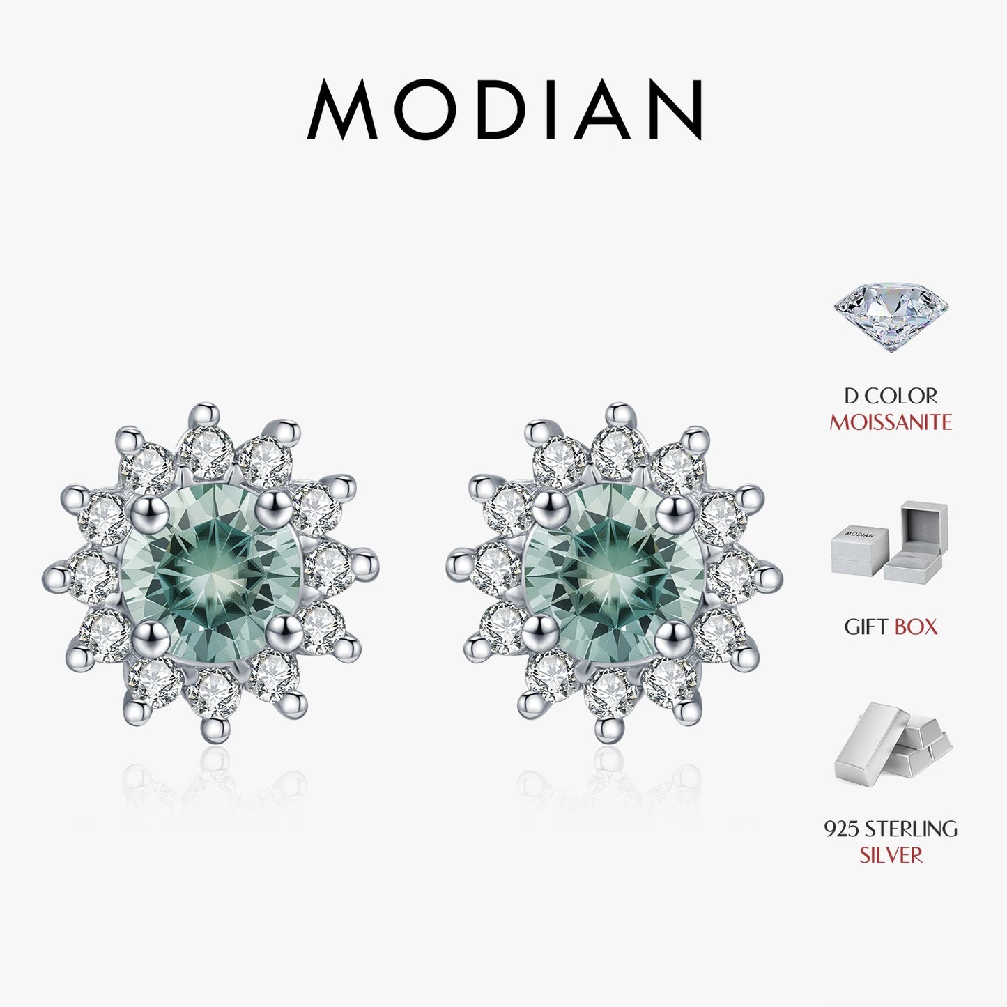 MODIAN 1CT Green Moissanite Classic Halo Earrings 925 Sterling Silver Sparkling Sun Stud Earrings For Women Party Fine Jewelry