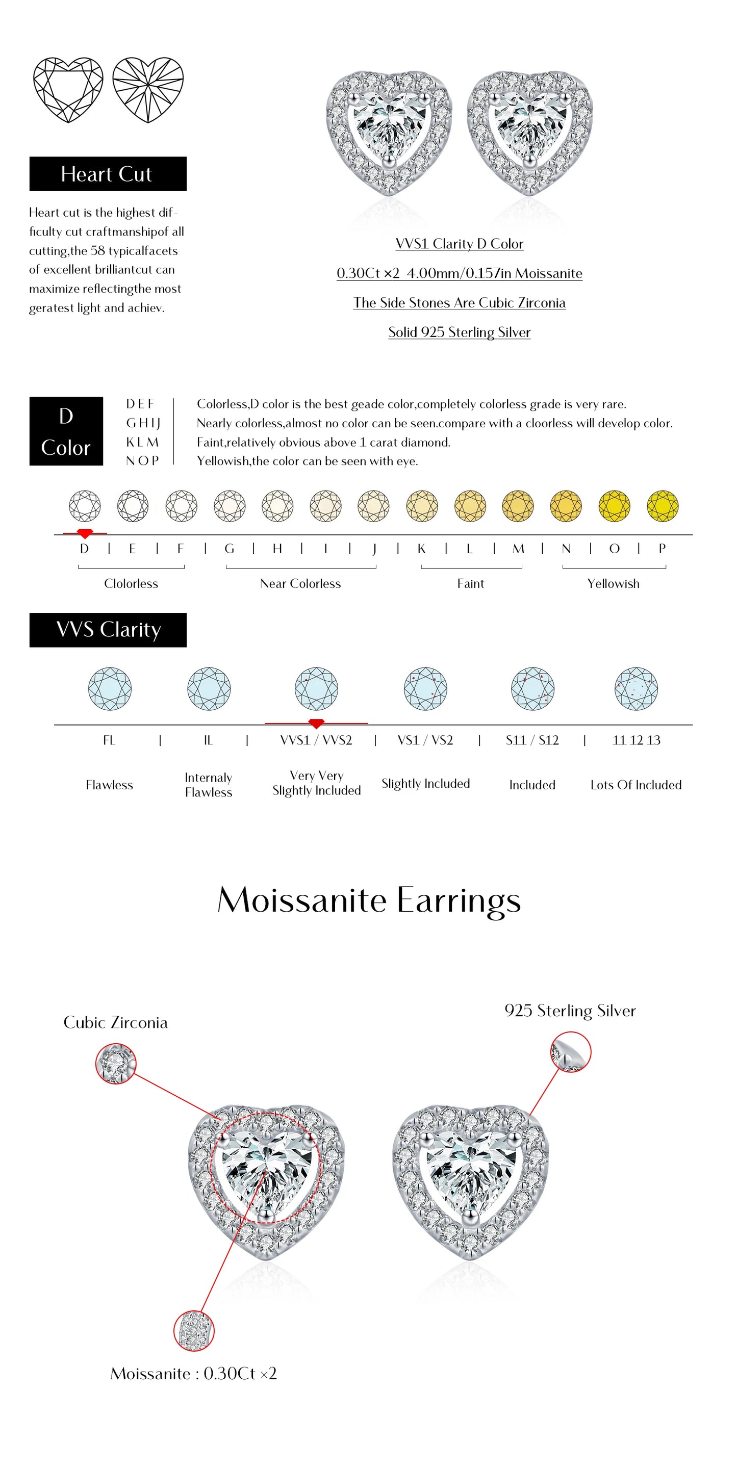 MODIAN Dazzling D Color Hearts Moissanite Halo Earrings 925 Sterling Silver Clasic Wedding Stud Earrings For Women Fine Jewelry